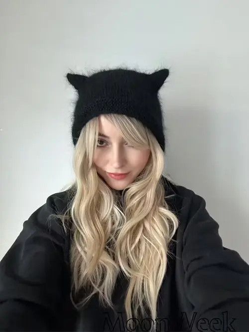 Japanese Brand Knitted hat with ears devil horns , black cat Size ONE SIZE - 4 Thumbnail