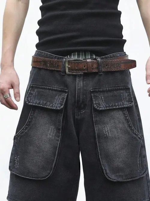 Jean × Vintage Cargo Shorts Washed Distressed Denim Size US 30 / EU 46 - 2 Thumbnail