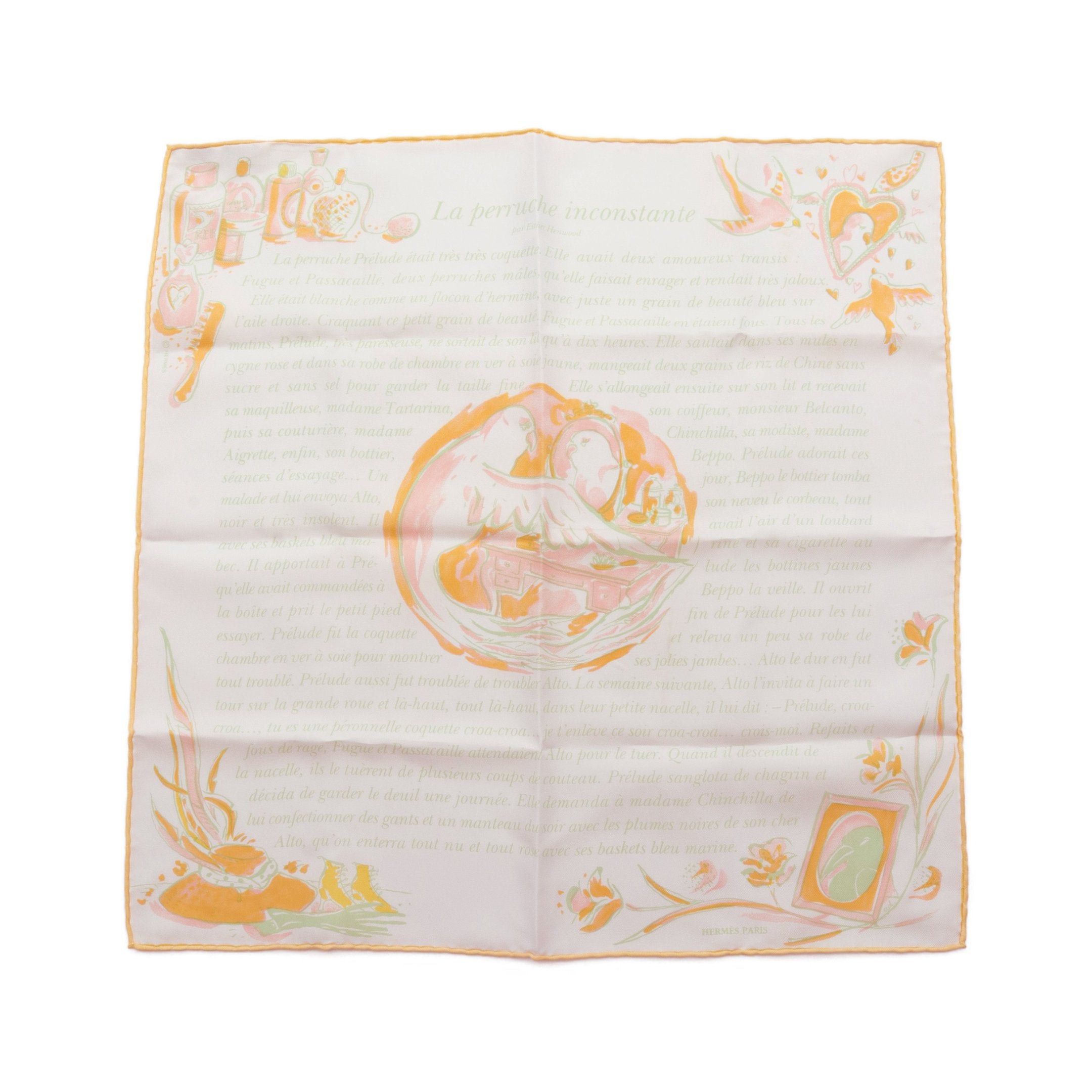 image of Hermes Petit Carres La Perruche Inconstante Scarf Silk Off White Orange Multicolor, Women's