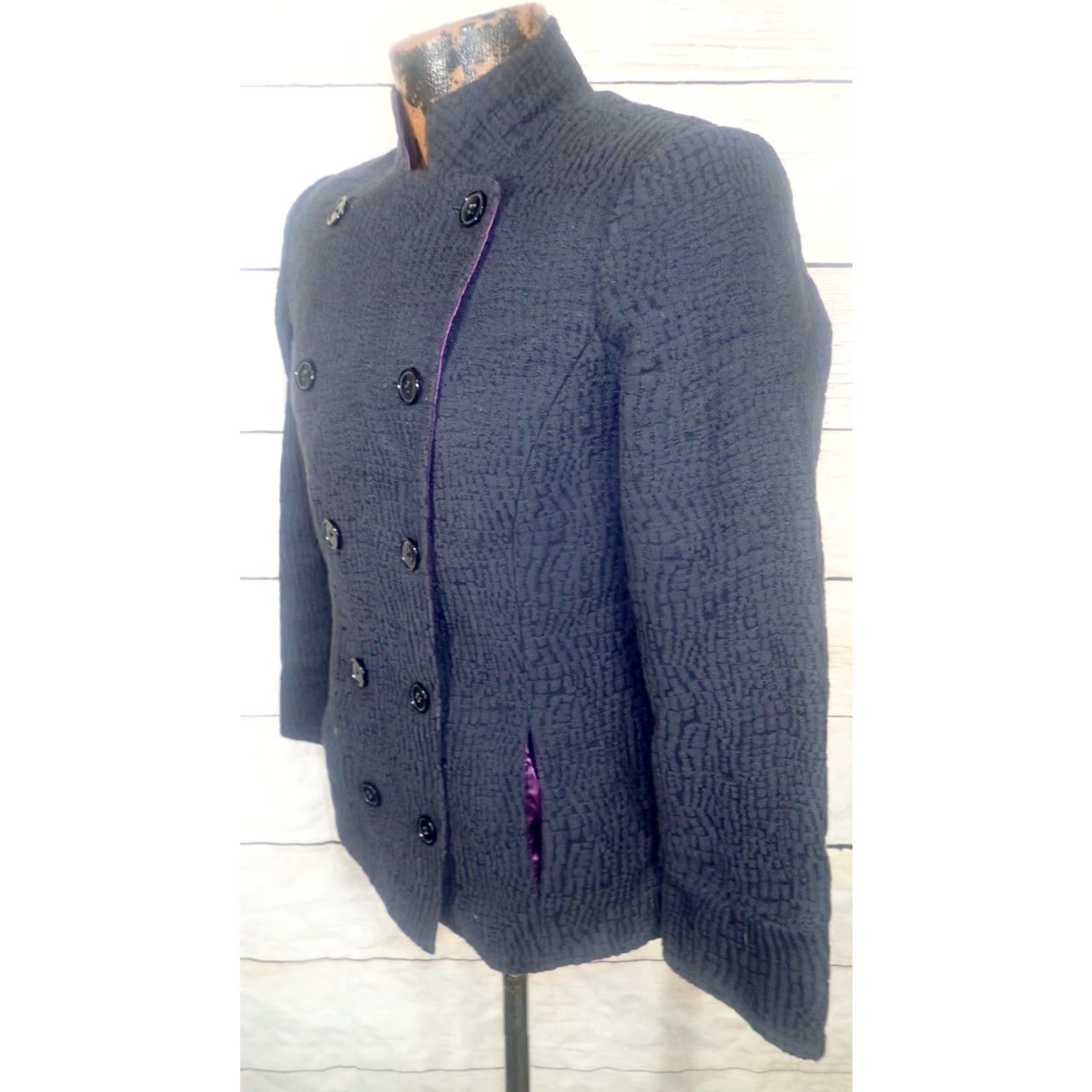 Vintage VINTAGE Linea Louis Dell'Olio Jacket Ladies Double Breasted Textured Knit Satin Lining Black S Polyester Classic Jacket Womens Size S / US 4 / IT 40 - 2 Thumbnail