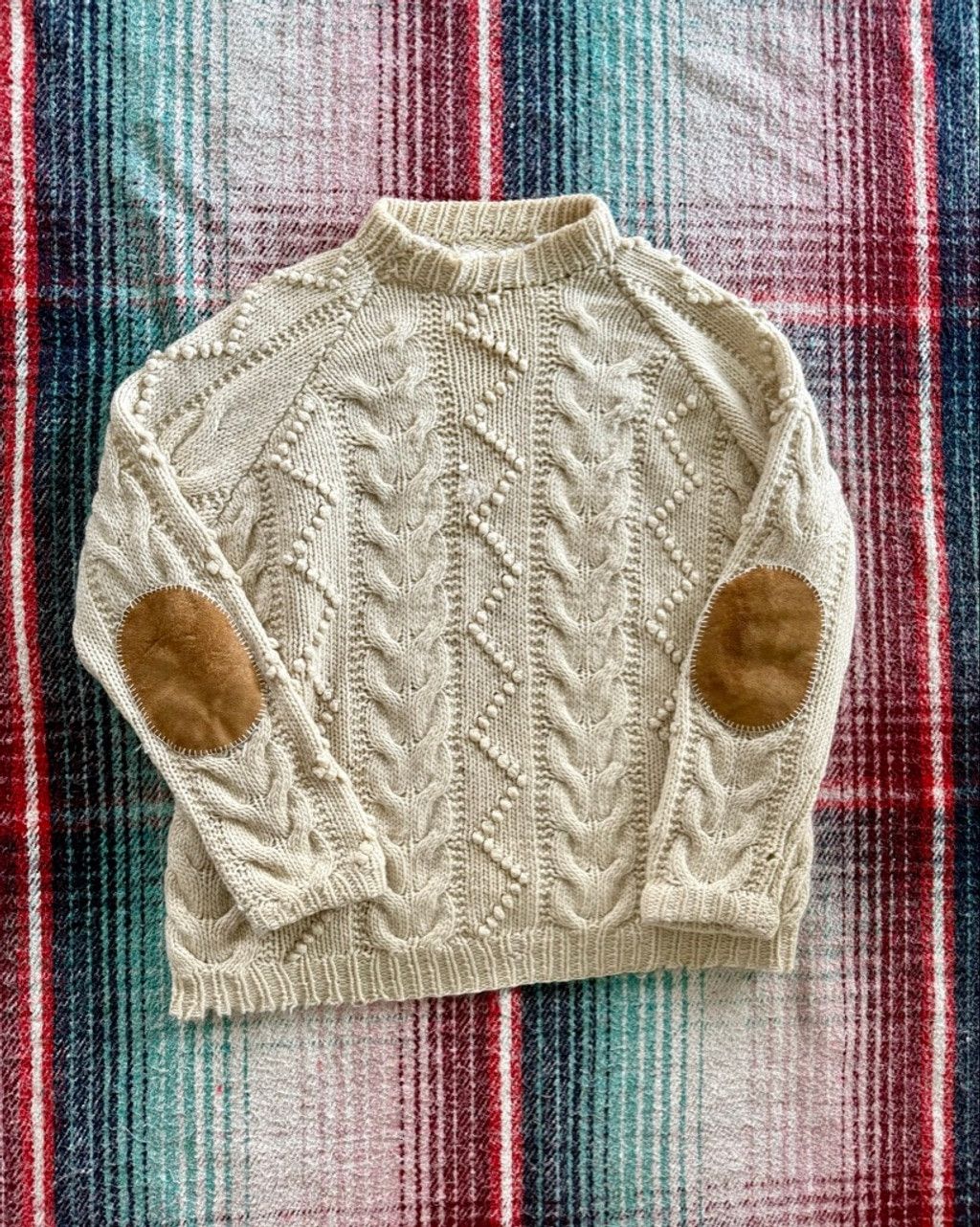 Vintage 70s Hand Knit Cable Suede Elbow Patch Fisherman Sweater L Size US L / EU 52-54 / 3 - 1 Thumbnail