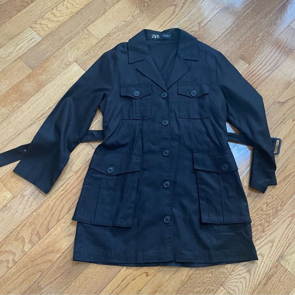 Zara Zara Women's Black Linen Utility Long Jacket with belt Sz M Size L / US 10 / IT 46 - 8 Thumbnail
