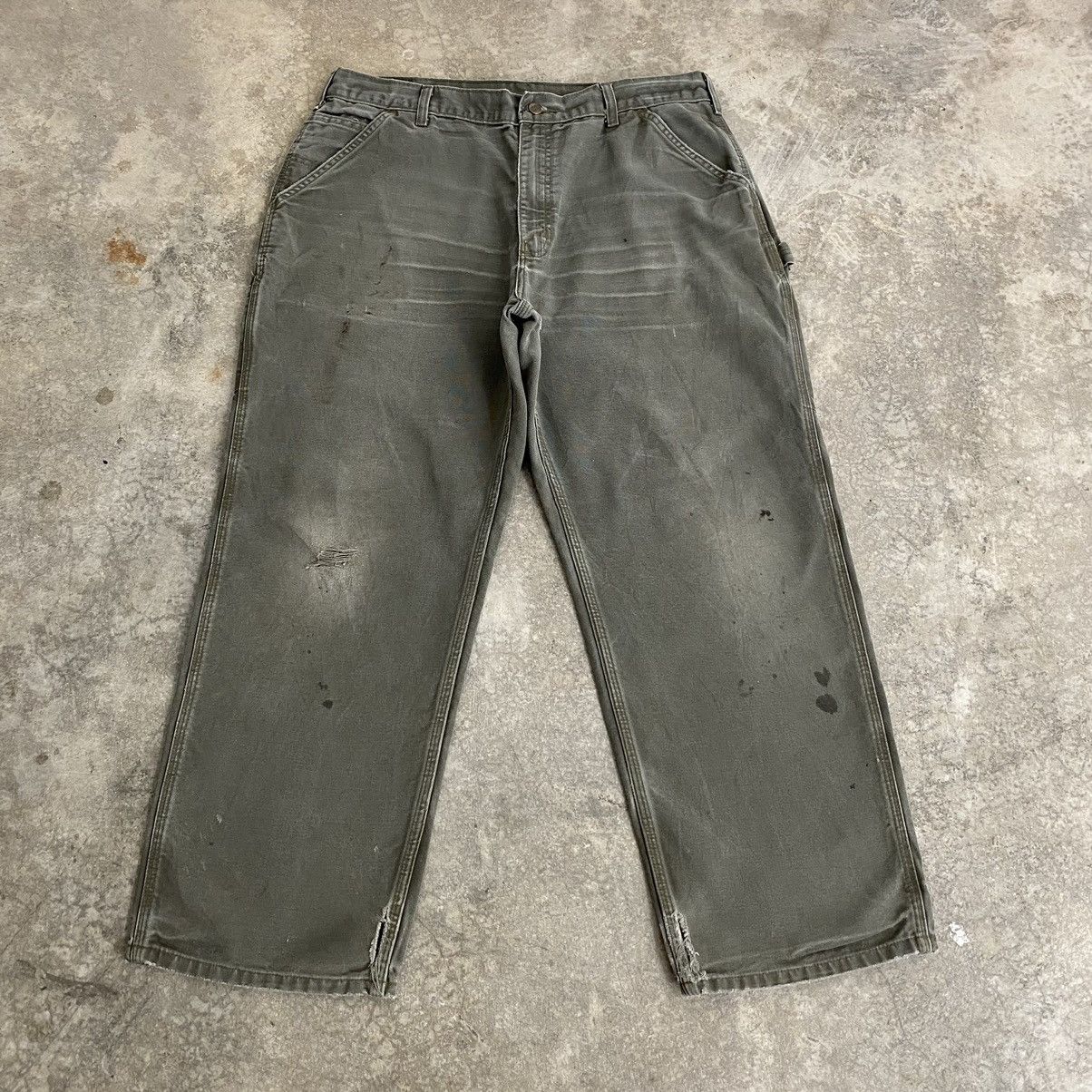 Carhartt VTG Carhartt Faded Moss Green Ripped Carpenter Pants Size US 37 - 1 Thumbnail