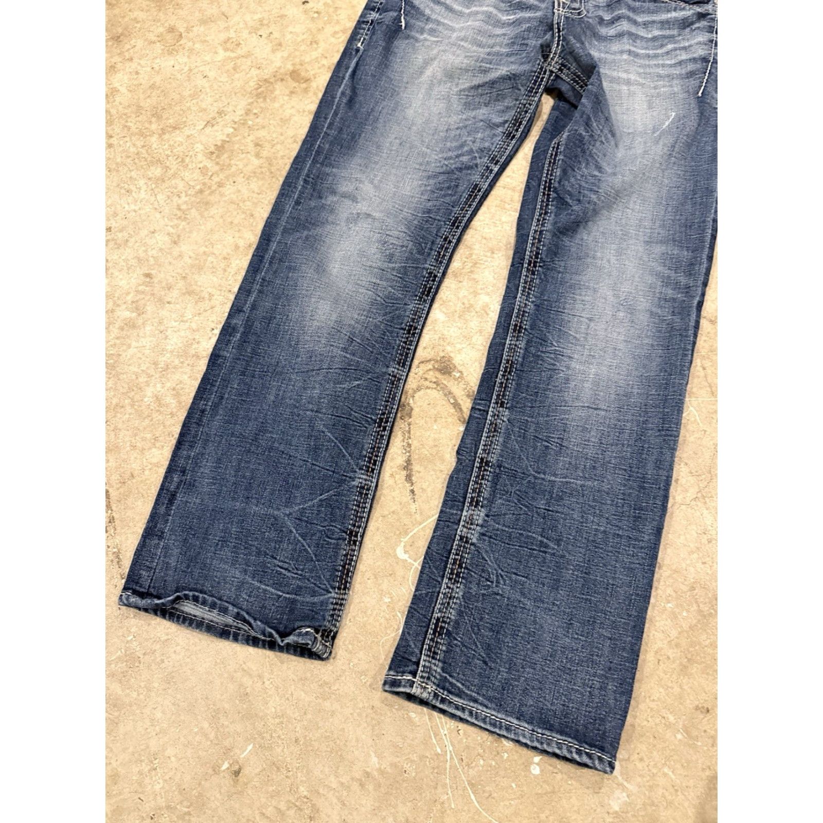 Vintage Salvage Jeans Mayhem Boot Mens 30S 30x29 Stretch Denim Whiskers Boocut Bootcut Regular Mens Blue Pant (Salvage) Size US 30 / EU 46 - 5 Thumbnail
