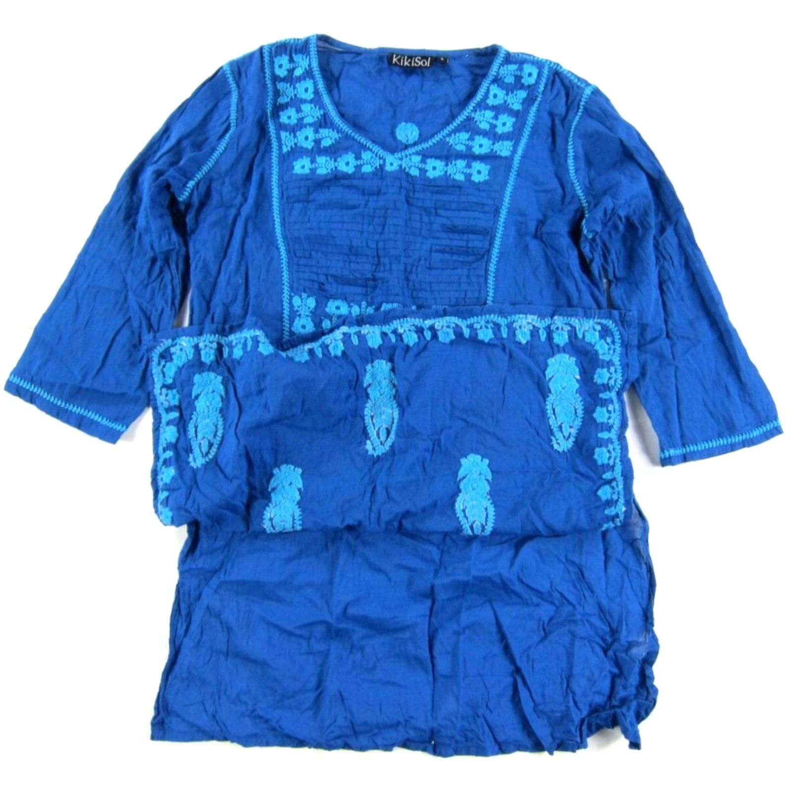Vintage KikiSol 100% Cotton Blue Embroidered 3/4 Sleeve V-Neck Tunic Peasant Blouse S - Womens Shirt Size S / US 4 / IT 40 - 5 Thumbnail