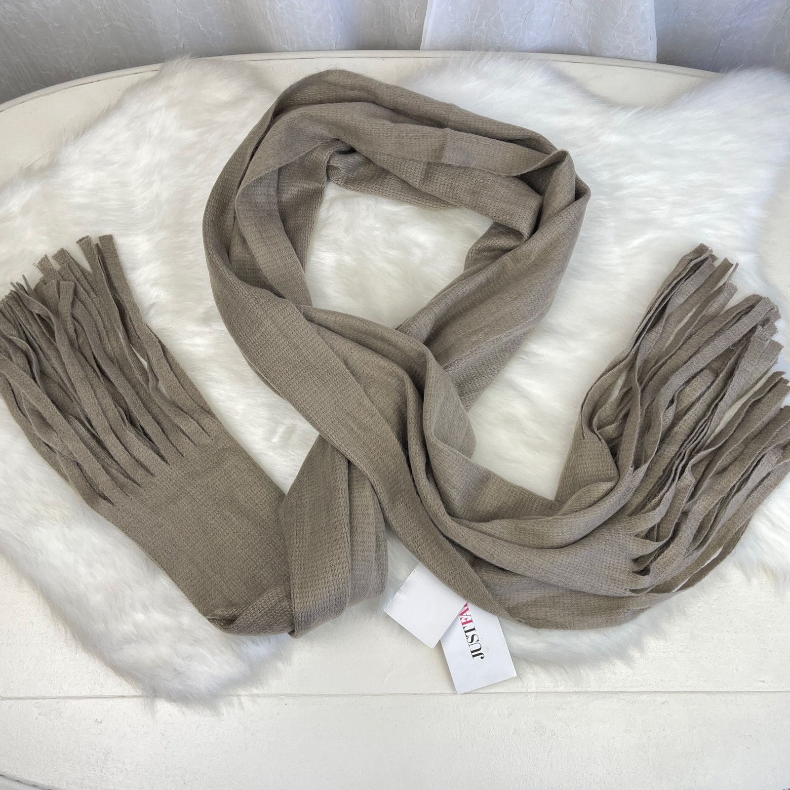 Other Light Brown Taupe Knit Fringe Scarf Soft Cozy Minimalist NWT Size ONE SIZE - 2 Thumbnail