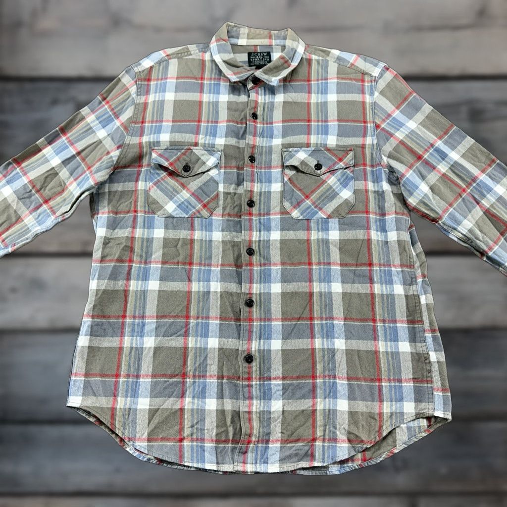 J.Crew VINTAGE J.CREW Shirt Mens L Grey Red Button Up Long Sleeve Plaid Flannel Cotton Size US L / EU 52-54 / 3 - 1 Thumbnail