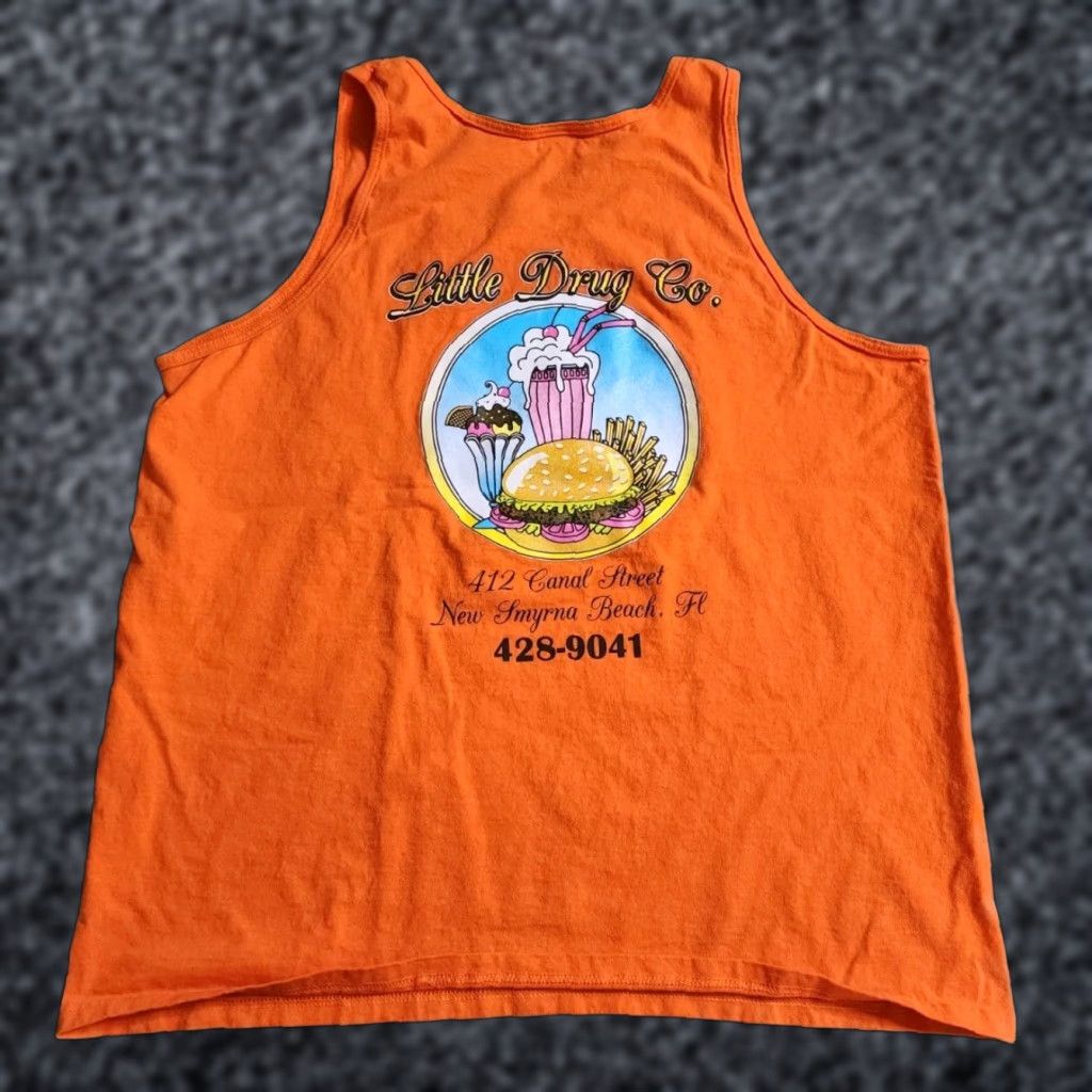 Gildan Retro Gildan Tank Top Shirt Diner New Smyrna Beach FL Mens XL Orange Beach Retro, 2000s, Cotton, Lightweight, Crew Neck, Sleeveless, Graphic Print Size US XL / EU 56 / 4 - 1 Thumbnail