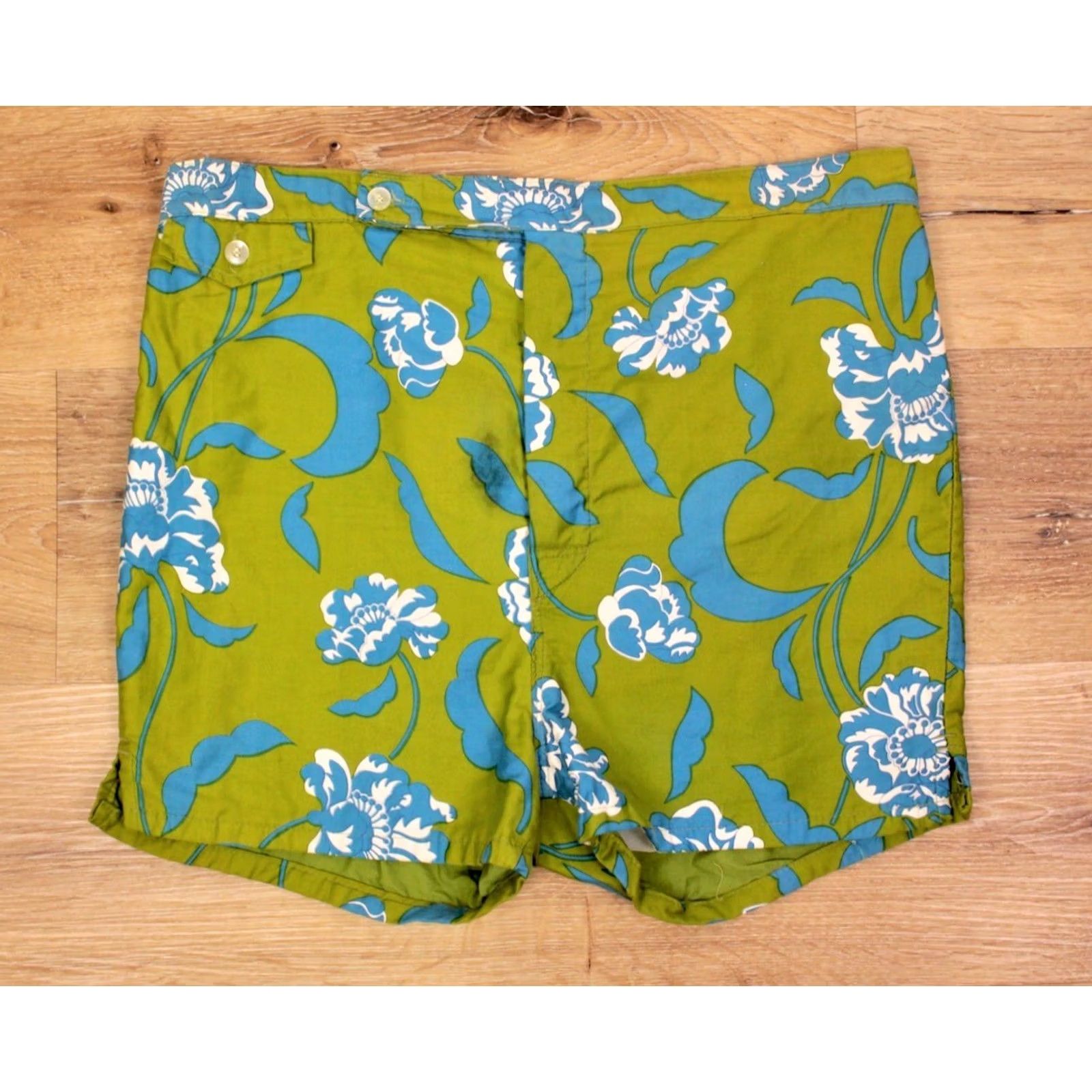Vintage Mens VTG 1960s Green & Blue Flora Pattern Swimming Trunks Sz L 60s Cotton Shorts Size US 36 / EU 52 - 2 Thumbnail