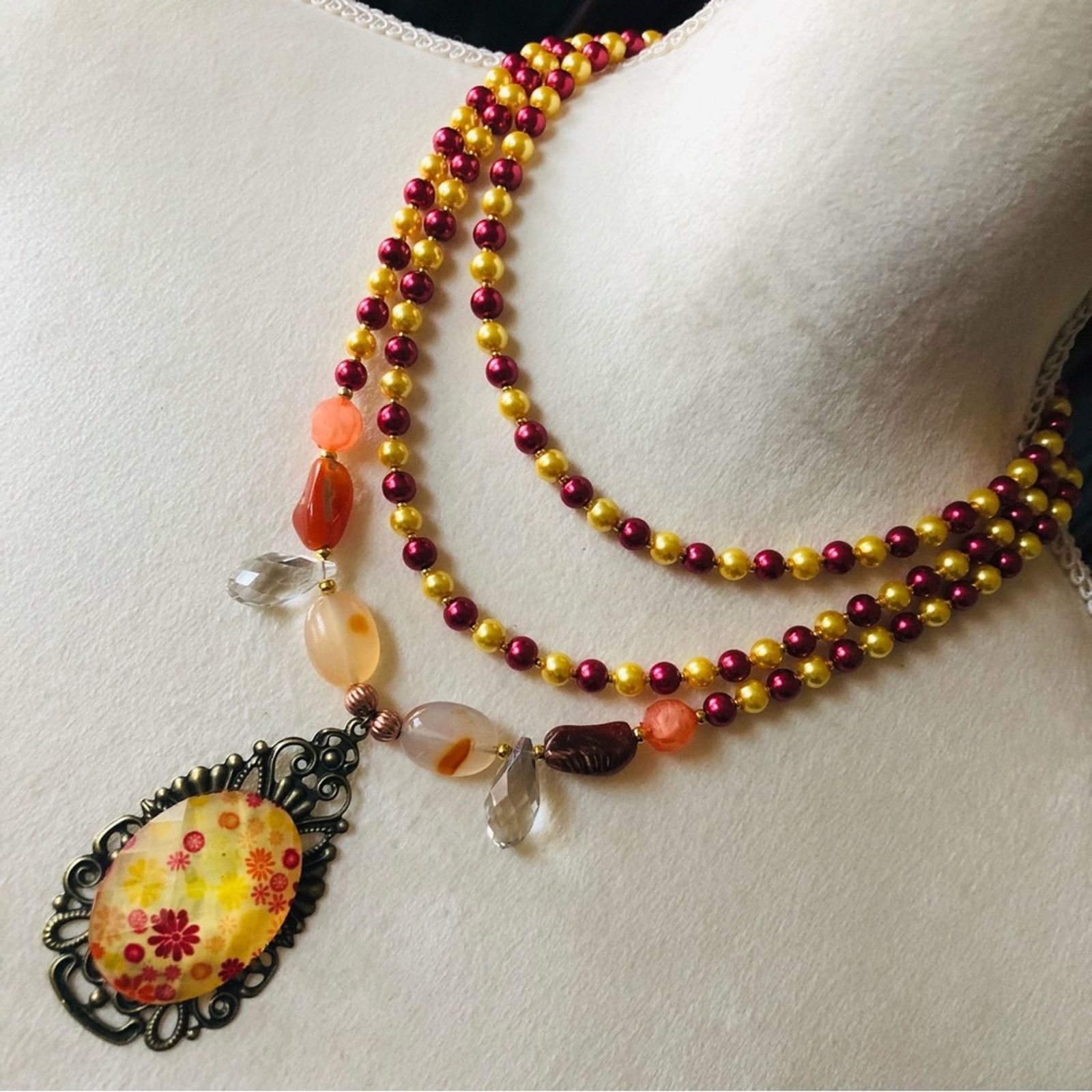 Handmade Handcrafted repurpose stone cameo pendant Pearl necklace Size ONE SIZE - 1 Thumbnail