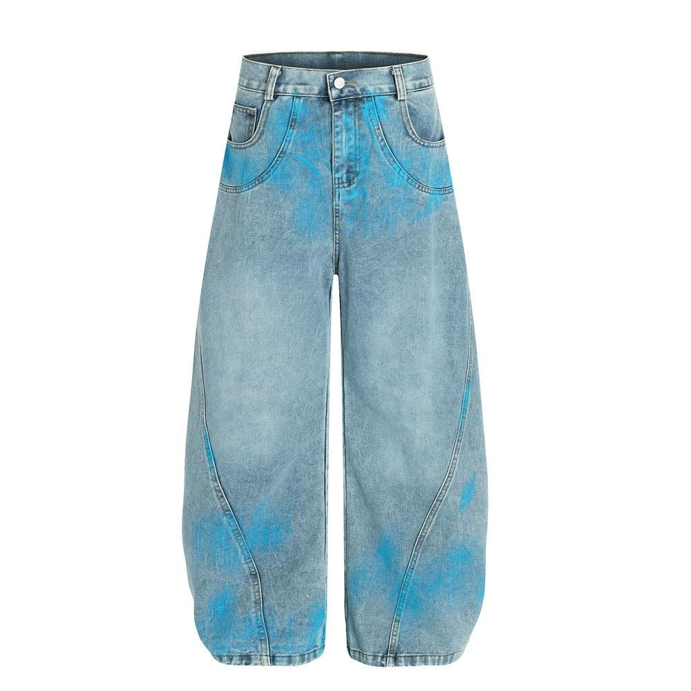 Men's distressed loose wide-leg ink-washed scimitar jeans