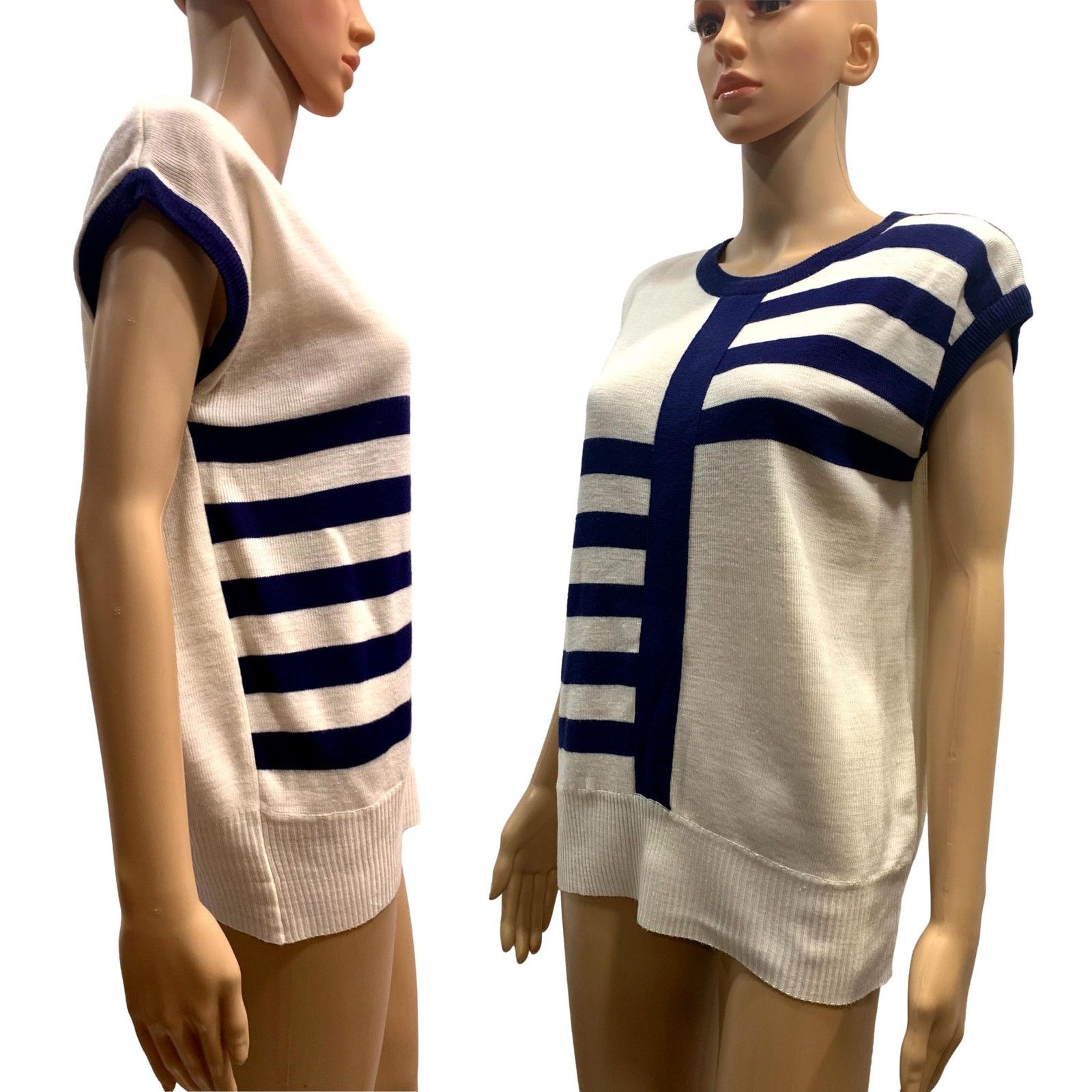 Vintage 80s Chic White & Navy Blue Sleeveless Sweater Vest Tunic | S Size S / US 4 / IT 40 - 7 Thumbnail