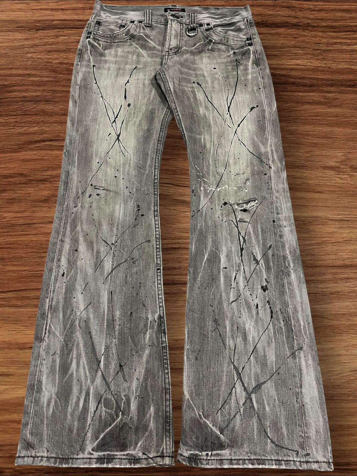 14th Addiction × Japanese Brand × KMRii Sorridere Love and Skull Painted Distressed Flare Jeans Size US 33 - 1 Thumbnail