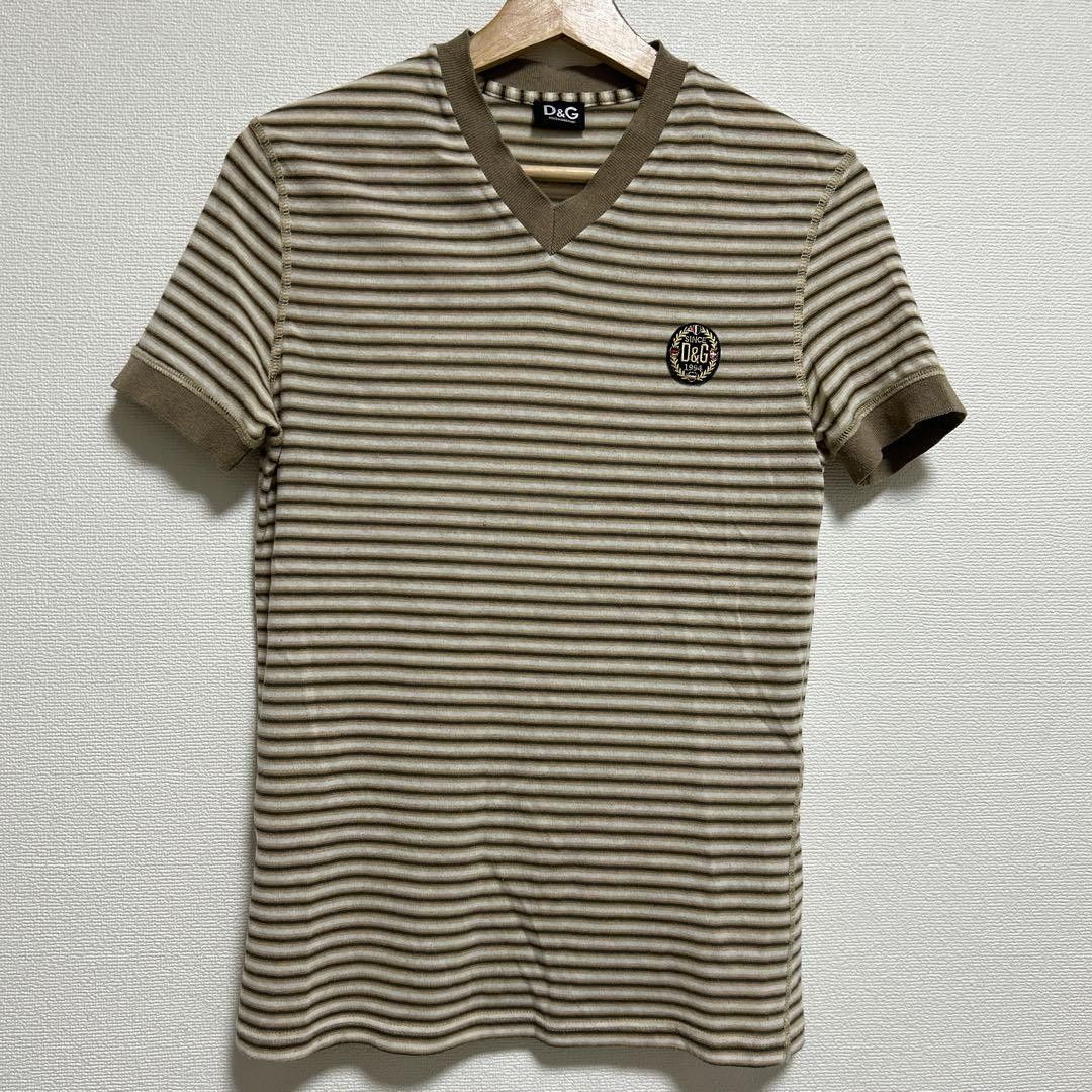 D&G Striped V-Neck T-Shirt in Beige - XS