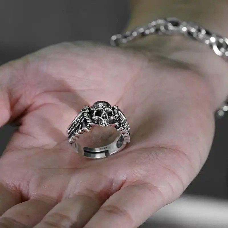 Other Ring Unisex Retro Vintage Wings Skull Head Opening Ring Size ONE SIZE - 4 Thumbnail