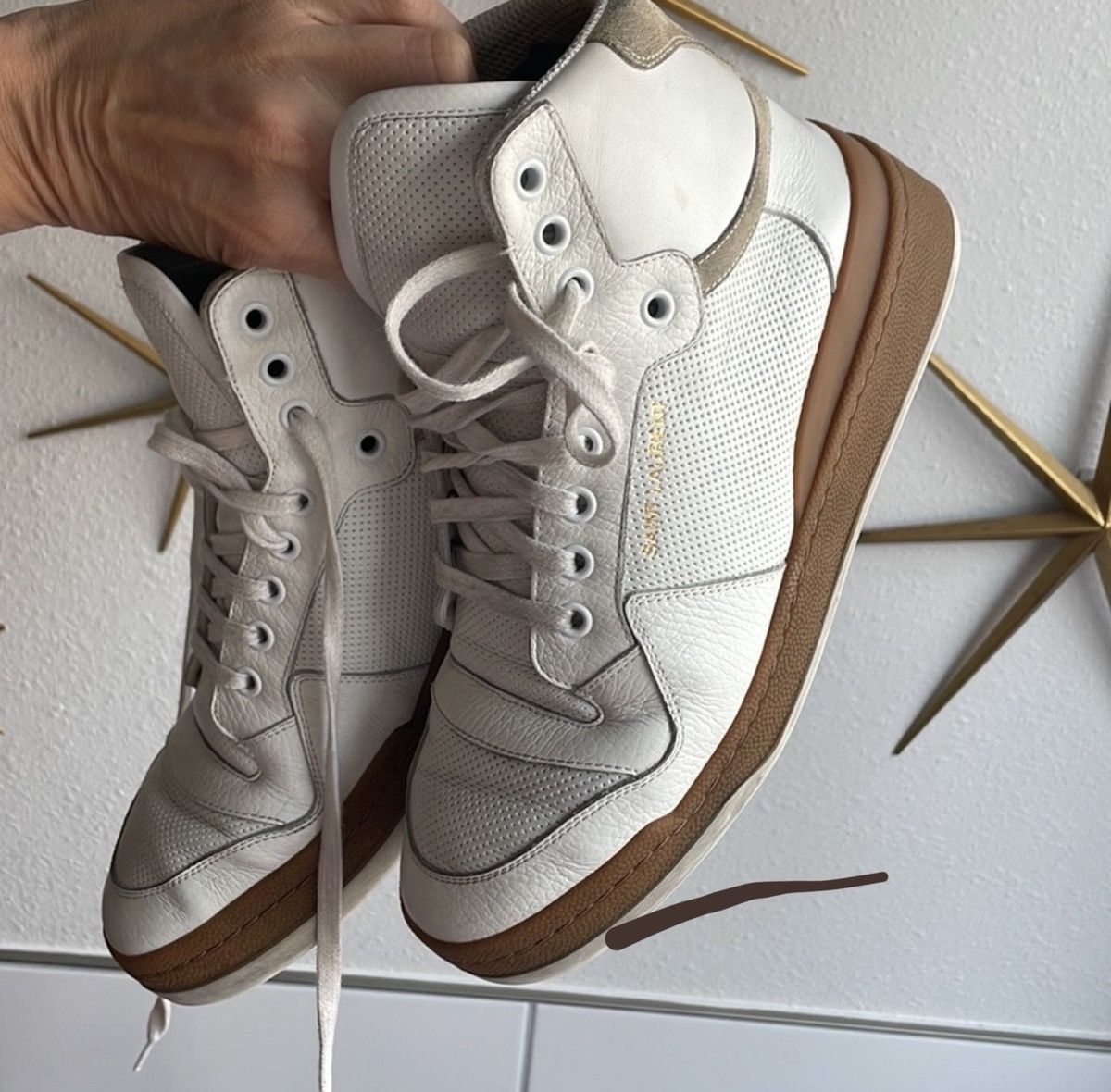 Saint Laurent Paris Saint Laurent Cream and Tan High-Top Sneakers Size US 8 / IT 38 - 1 Thumbnail