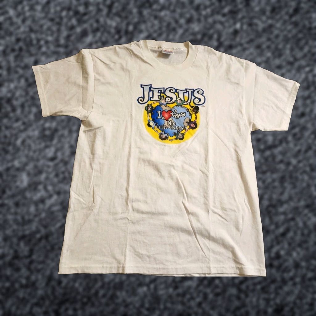 Hanes VINTAGE Hanes T-Shirt Mens L Jesus Loves The Little Children Double Sided White Cotton Crew Neck Short Sleeve Size US L / EU 52-54 / 3 - 1 Thumbnail