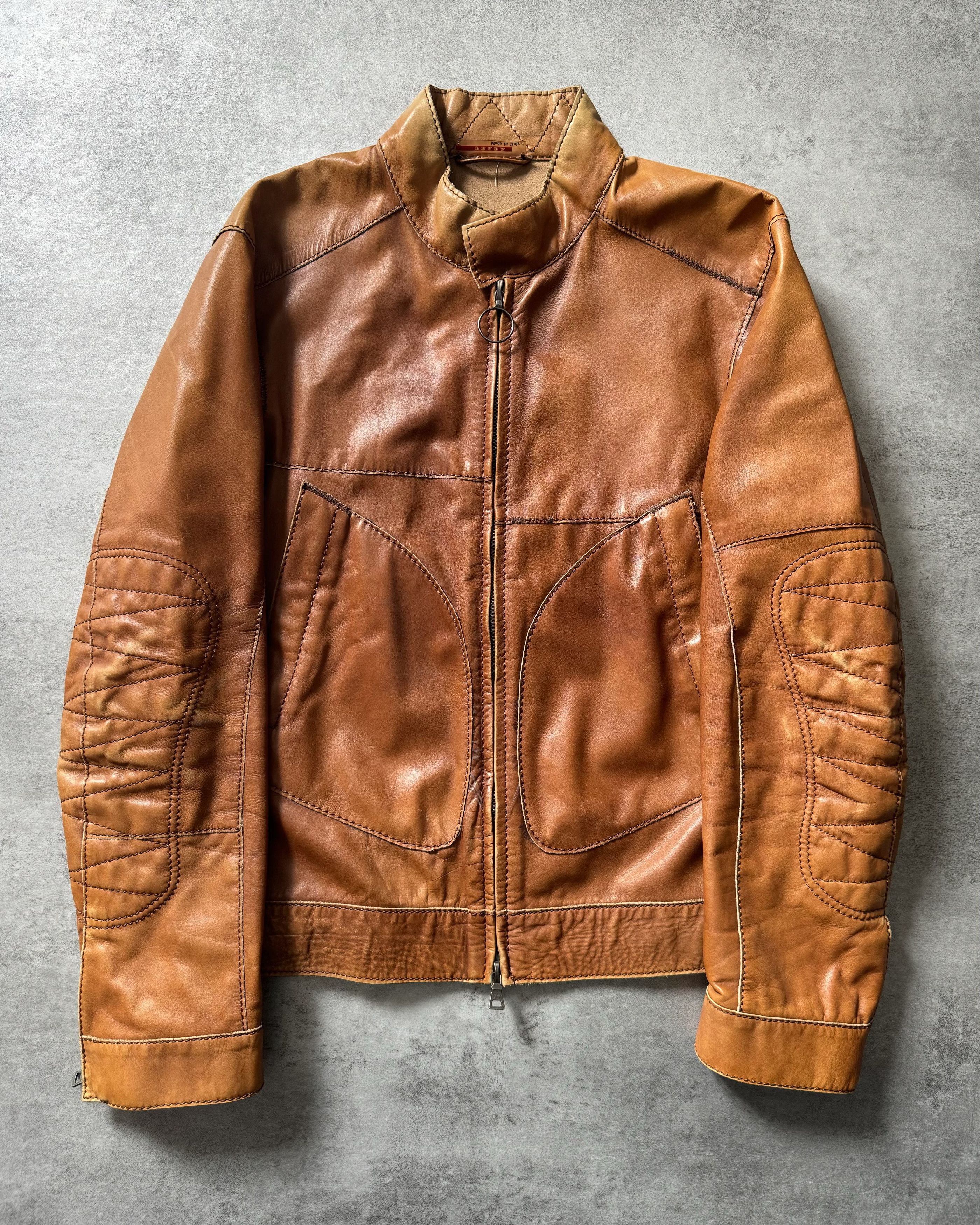 image of Archival Clothing x Prada Aw2005 Prada Camel Elbow Padded Biker Leather Jacket in Brown (Size Small