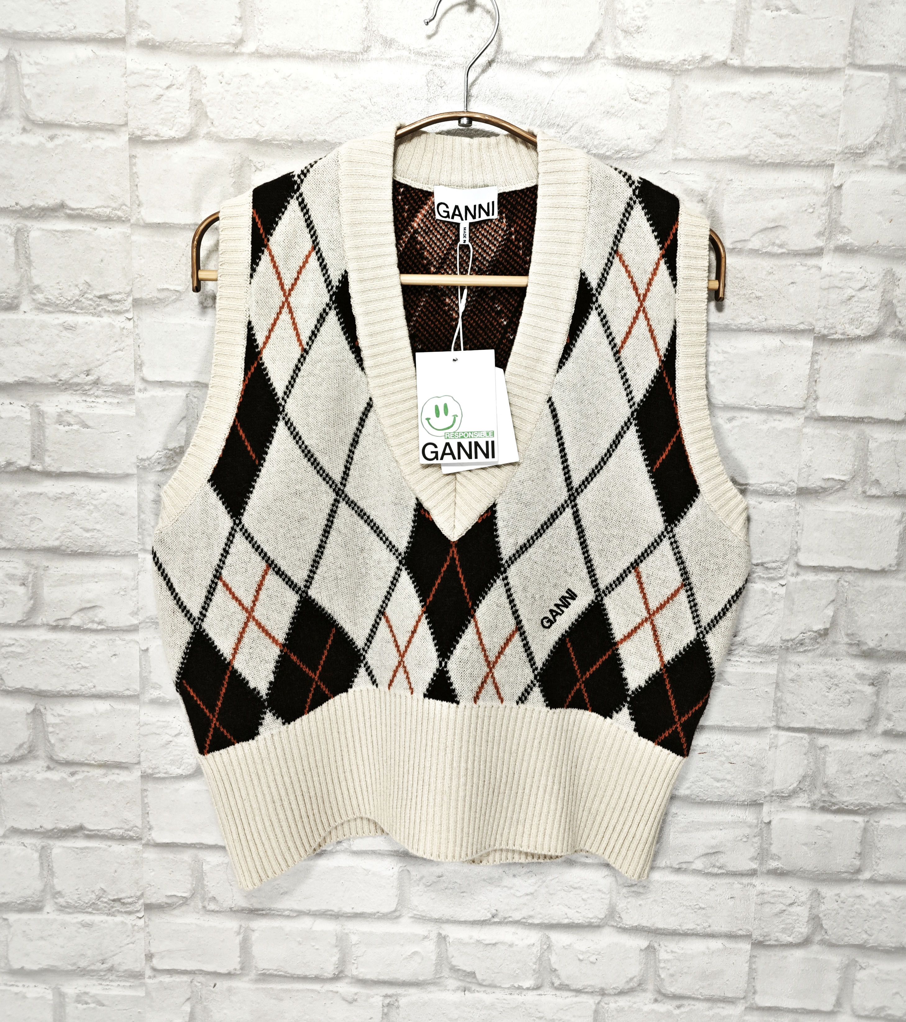 GANNI Harlequin Argyle Wool Knit Vest Sweater Jumper size M