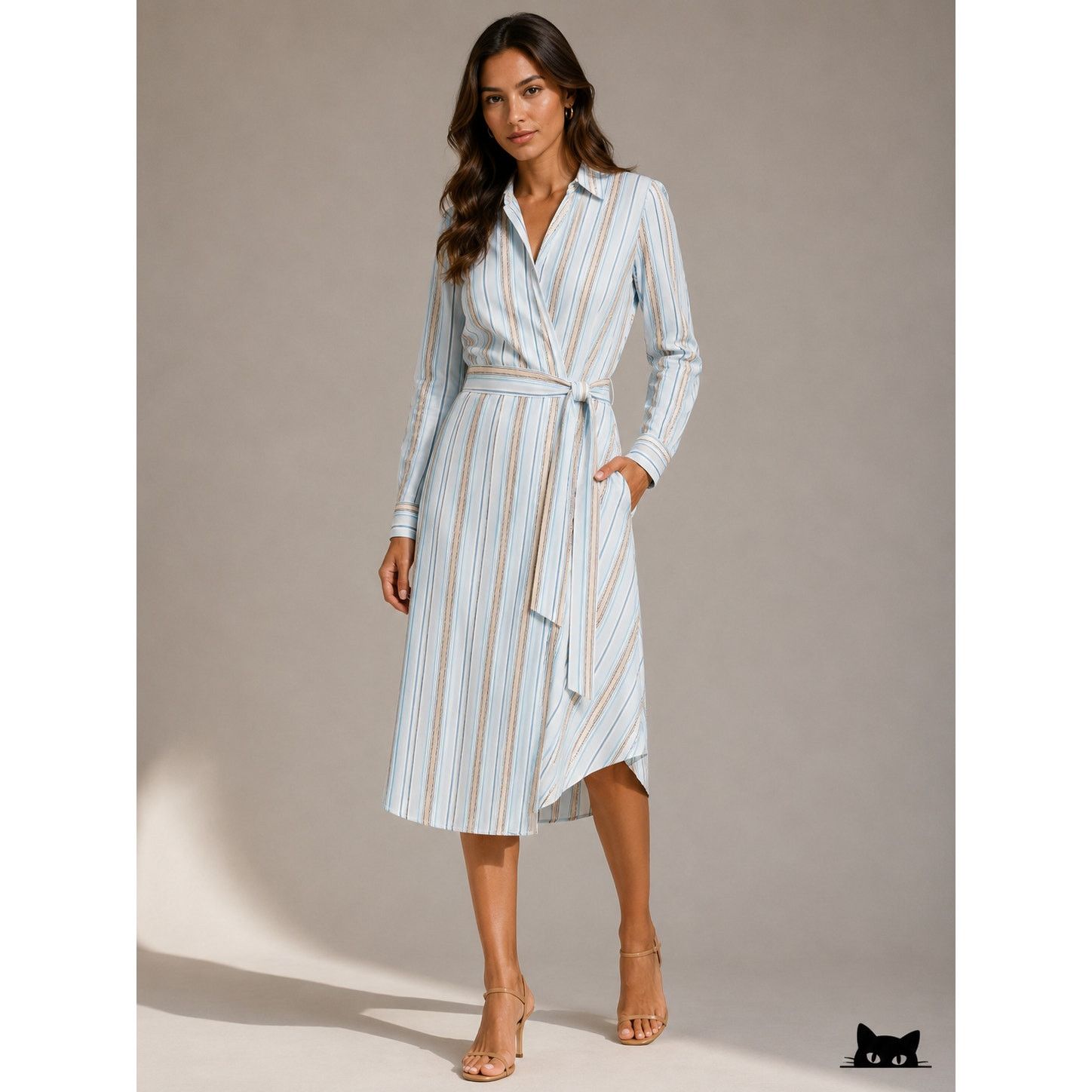 Loro Piana NWT Loro Piana Teal White Stripe Button Tie Sash Wrap Dress Size XL / US 12-14 / IT 48-50 - 18 Thumbnail