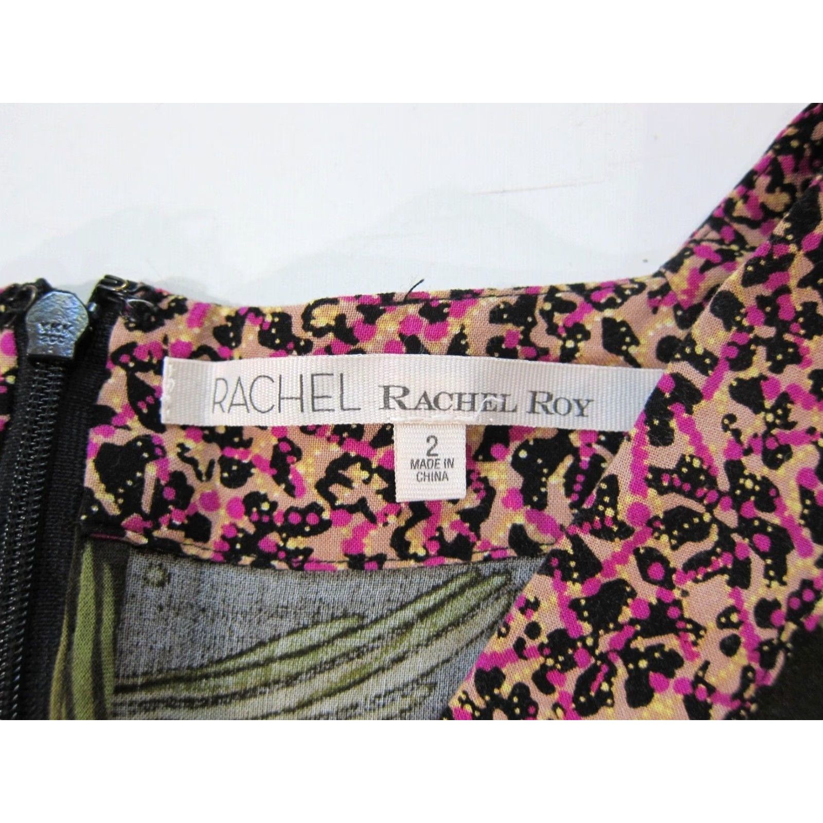 Pinko Rachel Roy Floral 100% Rayon Green Pink V-Neck Empire Dress Long Flare Sleeve Knee Length Women 2 Size XS / US 0-2 / IT 36-38 - 3 Thumbnail