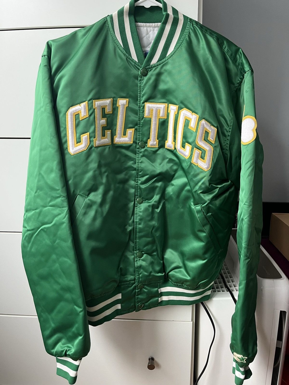 image of Boston Celtics Starter Satin Bomber Jacket Size L in Green, Men's