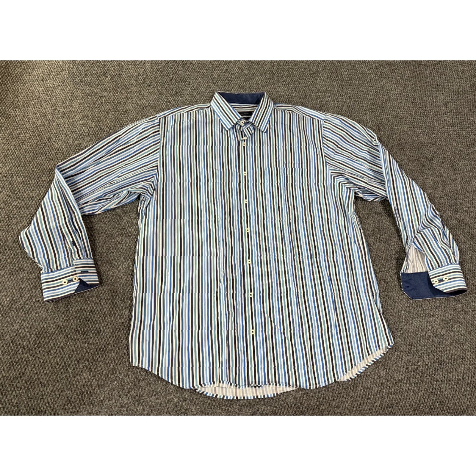 BUGATCHI BUGATCHI Button-Up Shirt Mens XL Blue White Striped Long Sleeve Classic Fit Dress Shirt Size 46R - 2 Thumbnail