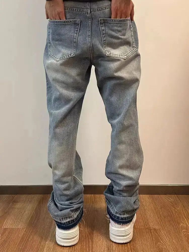 Street Y2K Washed Fringed Raw Hem Micro Flare Jeans