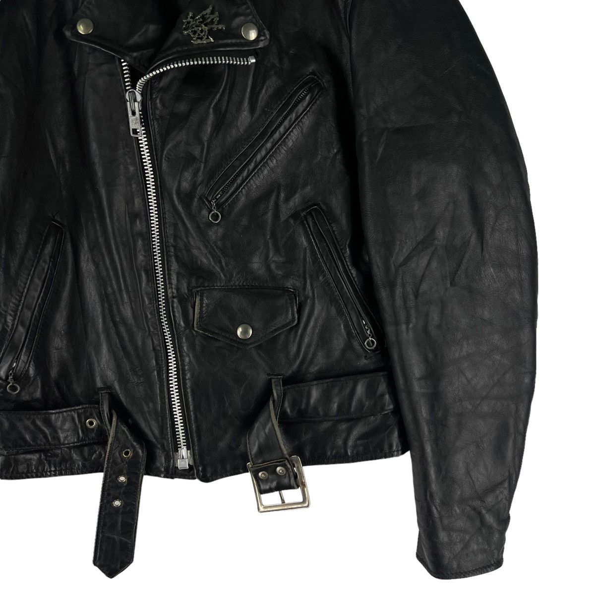 Schott 🔥VINTAGE BIKER LEATHER JACKET SCHOTT DOUBLE BREAST COLLAR Size US M / EU 48-50 / 2 - 7 Thumbnail