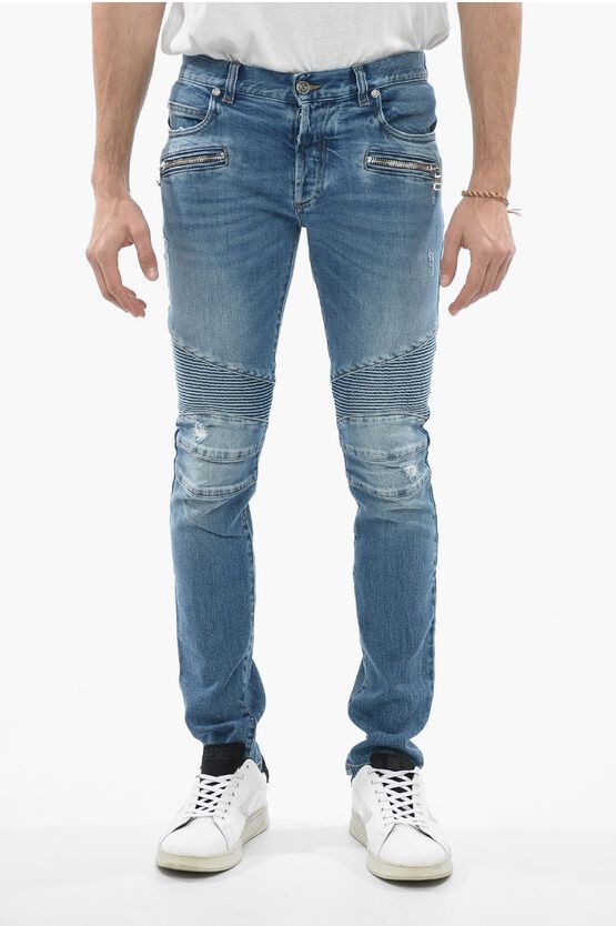 image of Balmain Slim Fit Biker Jeans Distressed Effect 15 Cm in Blue, Men's (Size 30)