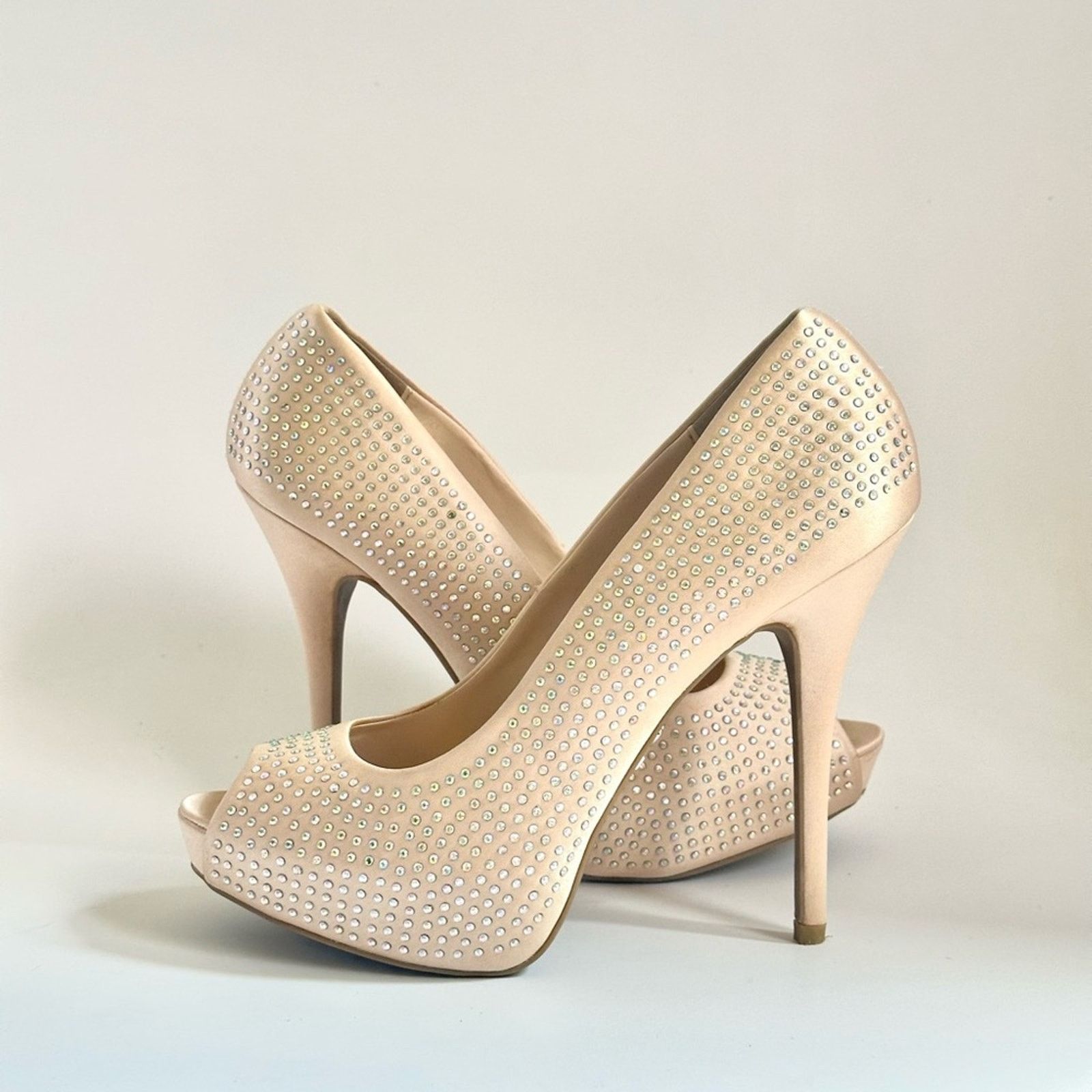 Jennifer Lopez JLO Taupe Platinum Faux Diamond Studded Platform Heels Size US 8 / IT 38 - 1 Thumbnail