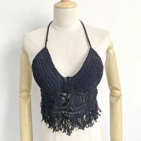 Other Black Handmade Crochet Lace Halter Bralette Top, Crop Top Size ONE SIZE - 3 Thumbnail