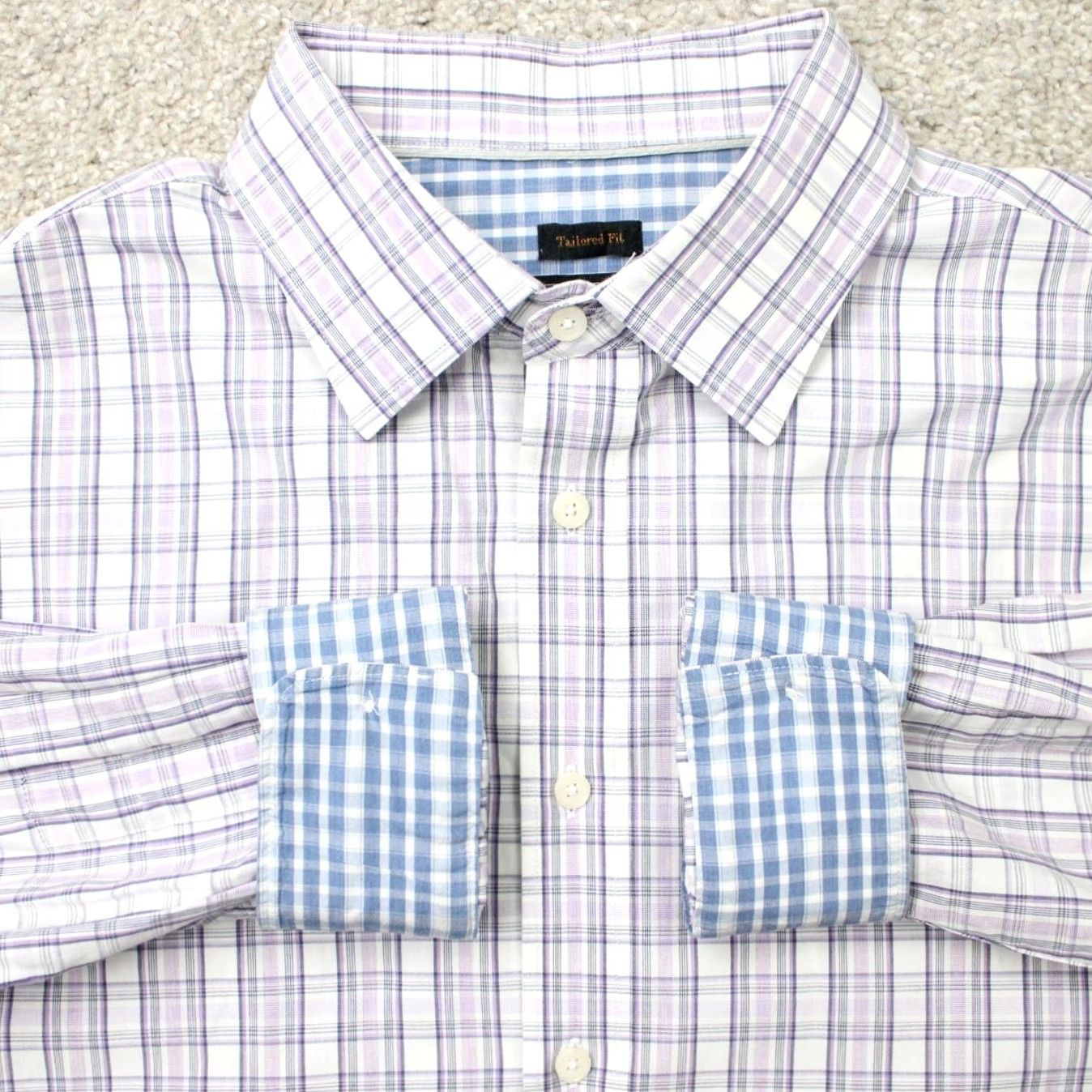 Jos. A. Bank Jos A Bank Reserve Shirt Mens Large Purple/Blue Plaid Cotton/Cashmere Tailored Fit L/S Size US L / EU 52-54 / 3 - 2 Thumbnail