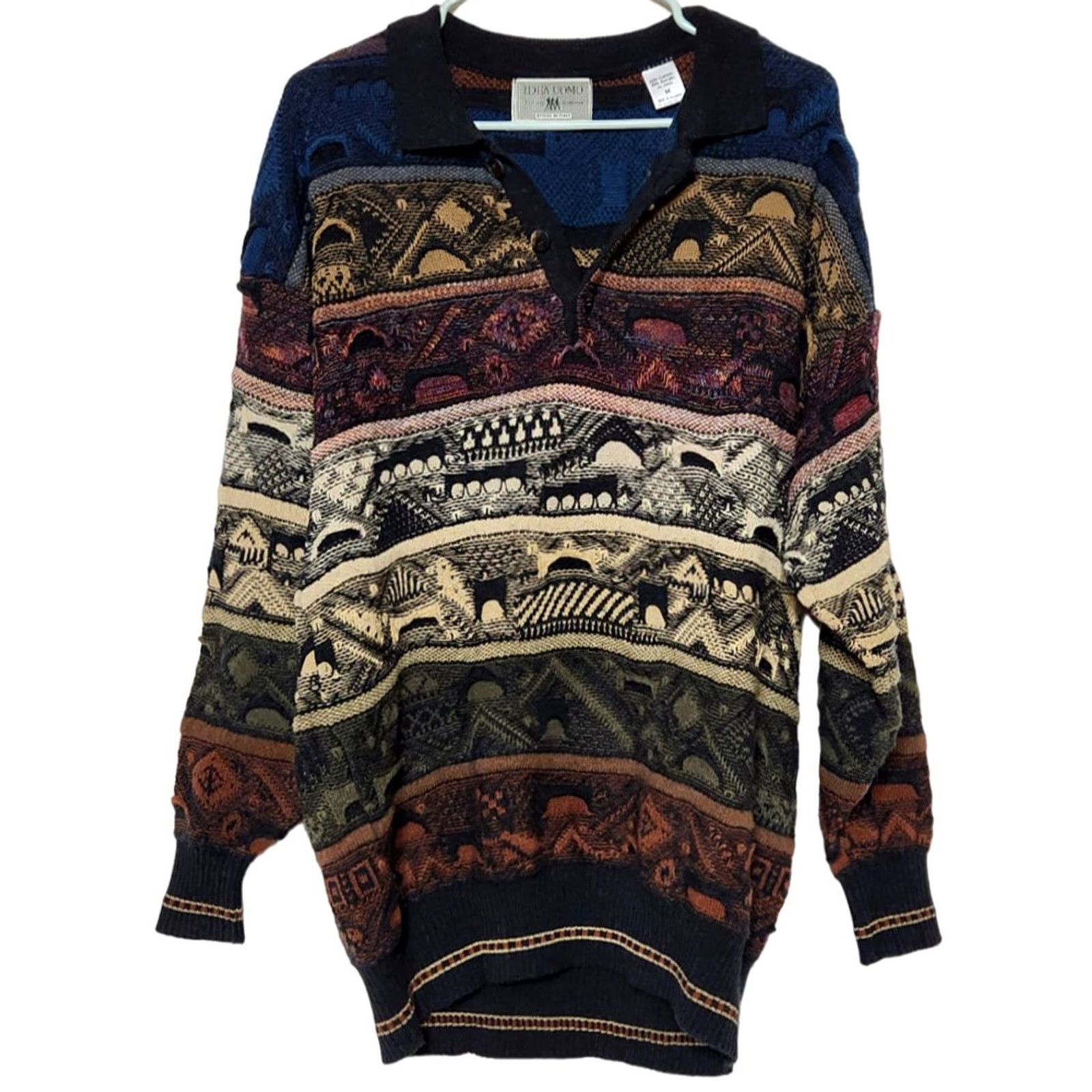 IDEA Idea Uomo Mens Sweater Collared Pullover Knit Cotton Blend Multicolor 3D Textured VTG M Size US M / EU 48-50 / 2 - 2 Thumbnail