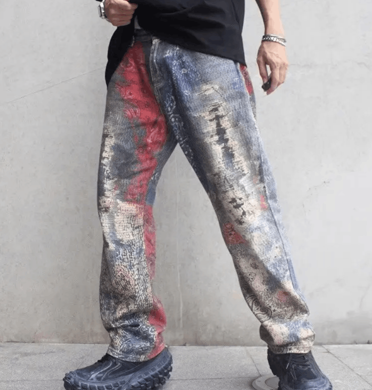 Japanese Brand Streetwear 3D Painting Print Old Slim Jeans Size US 32 / EU 48 - 1 Thumbnail