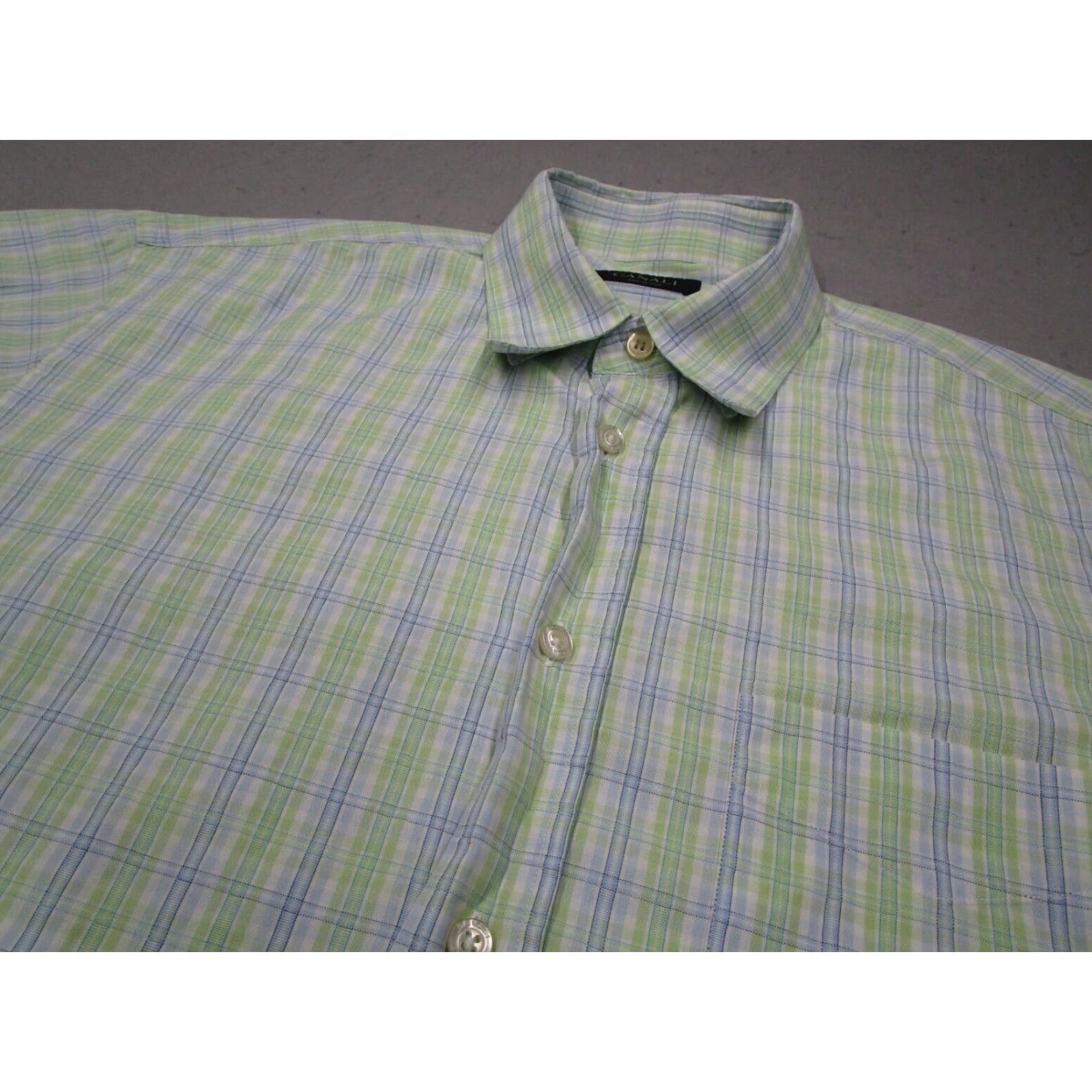Canali Canali Mens Large Green Blue Check Button Up Cotton Dress Shirt Italy Size 42R - 2 Thumbnail