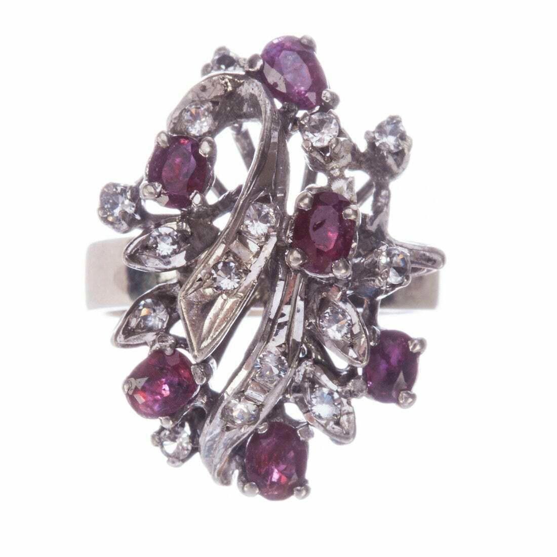 Designer Art Deco Sterling Silver Ruby White Sapphire Cocktail Ring Size ONE SIZE - 1 Thumbnail