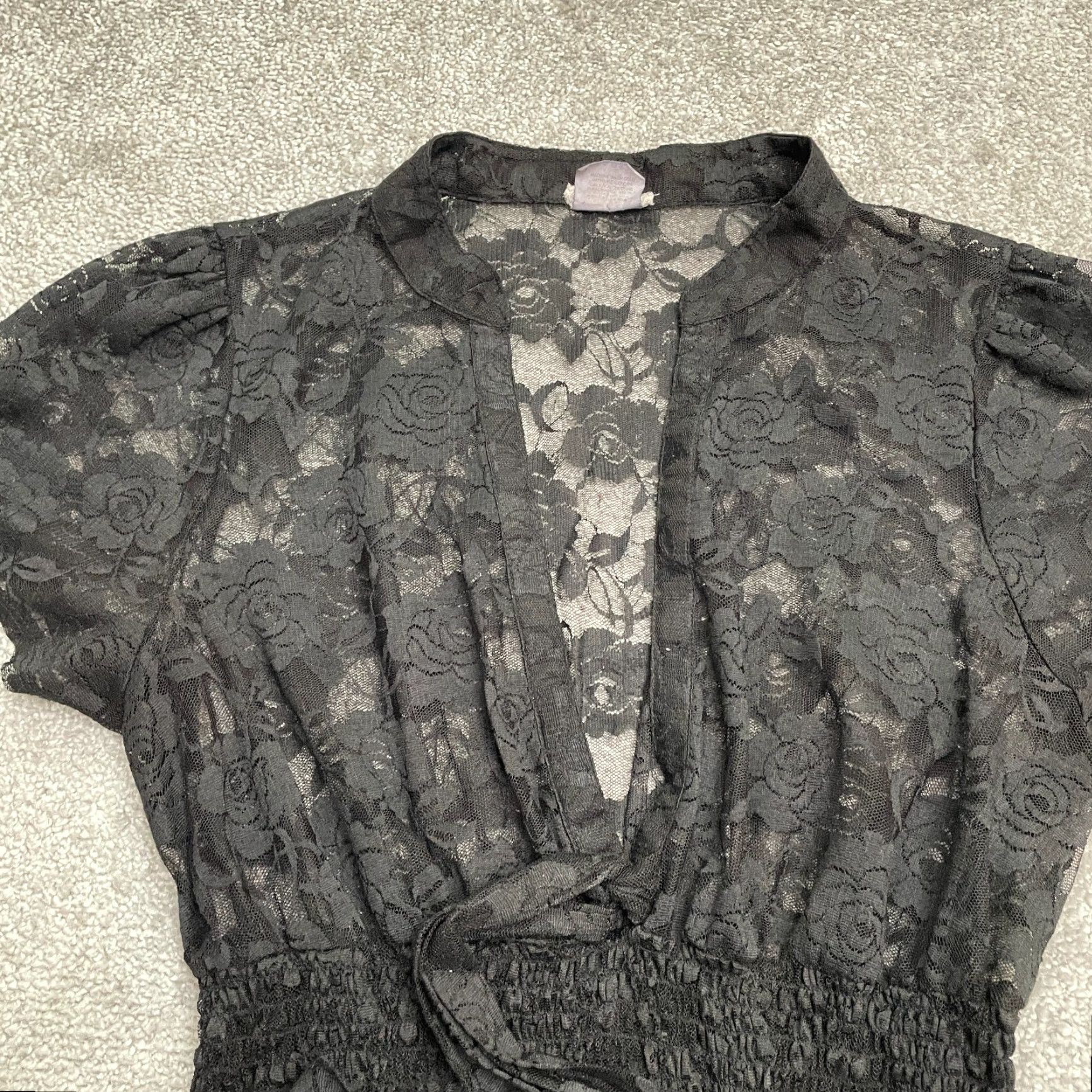 Vintage Eyeshadow Dress Women A-Line Mini 0 Black Lace Short Sleeve V-Neck Casual Smocked Lightweight Summer Size 25" / US 0 / IT 36 - 4 Thumbnail