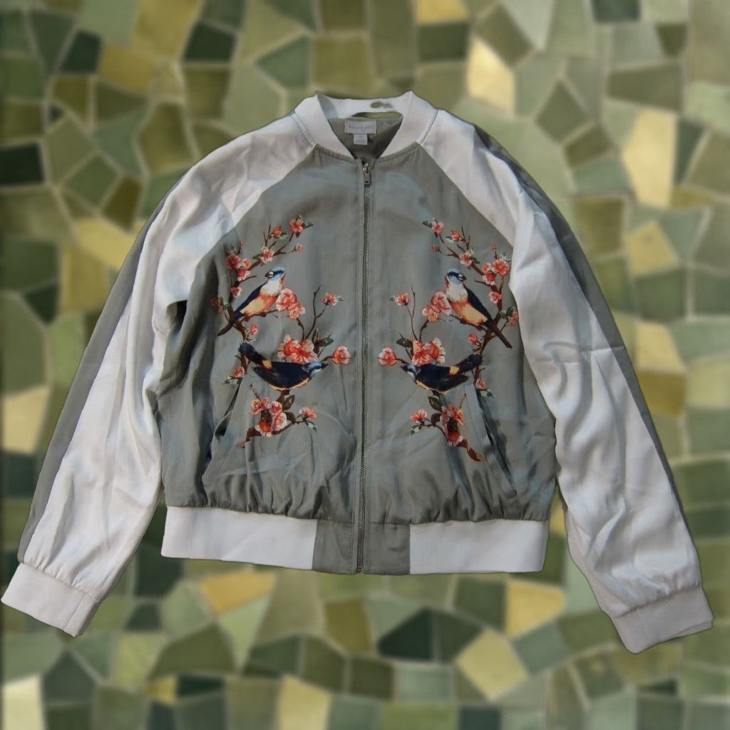 Vintage Belle Sky Jacket Women M Floral Bird Zip Satin Grey White Pink Windbreaker Track Coat Size M / US 6-8 / IT 42-44 - 1 Thumbnail
