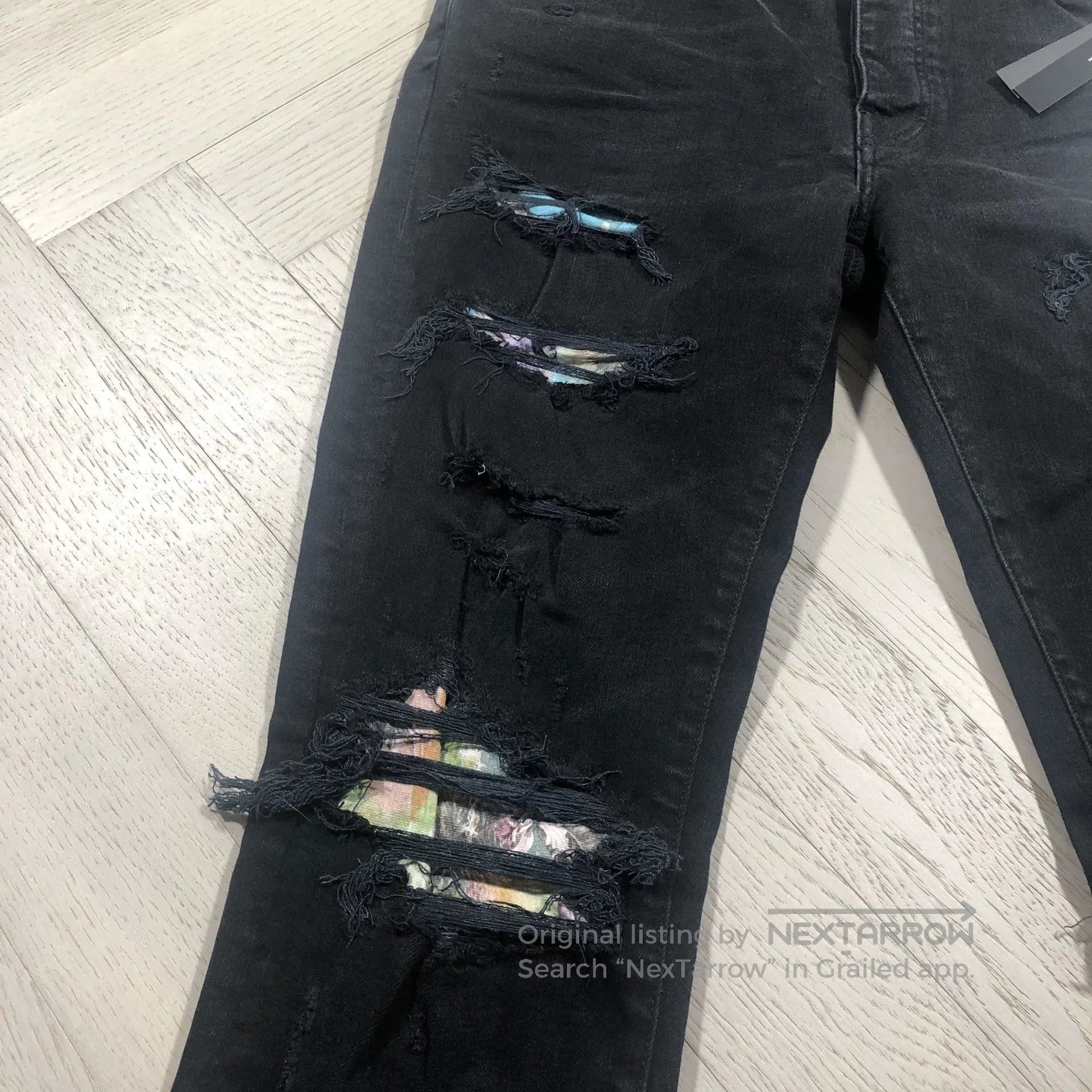 Visvim AMIRI Black Distressed Jeans with Floral Lining. Size US 34 / EU 50 - 2 Thumbnail