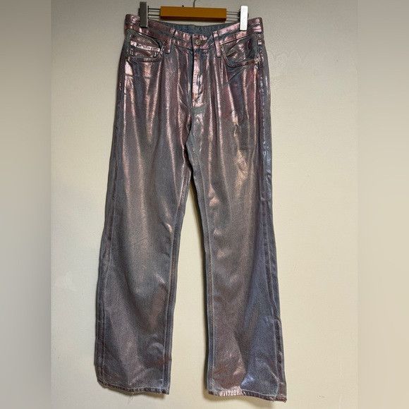Zara Zara Metallic Pink Coated Straight-Leg Jeans – Size 6 Size 28" / US 6 / IT 42 - 2 Thumbnail