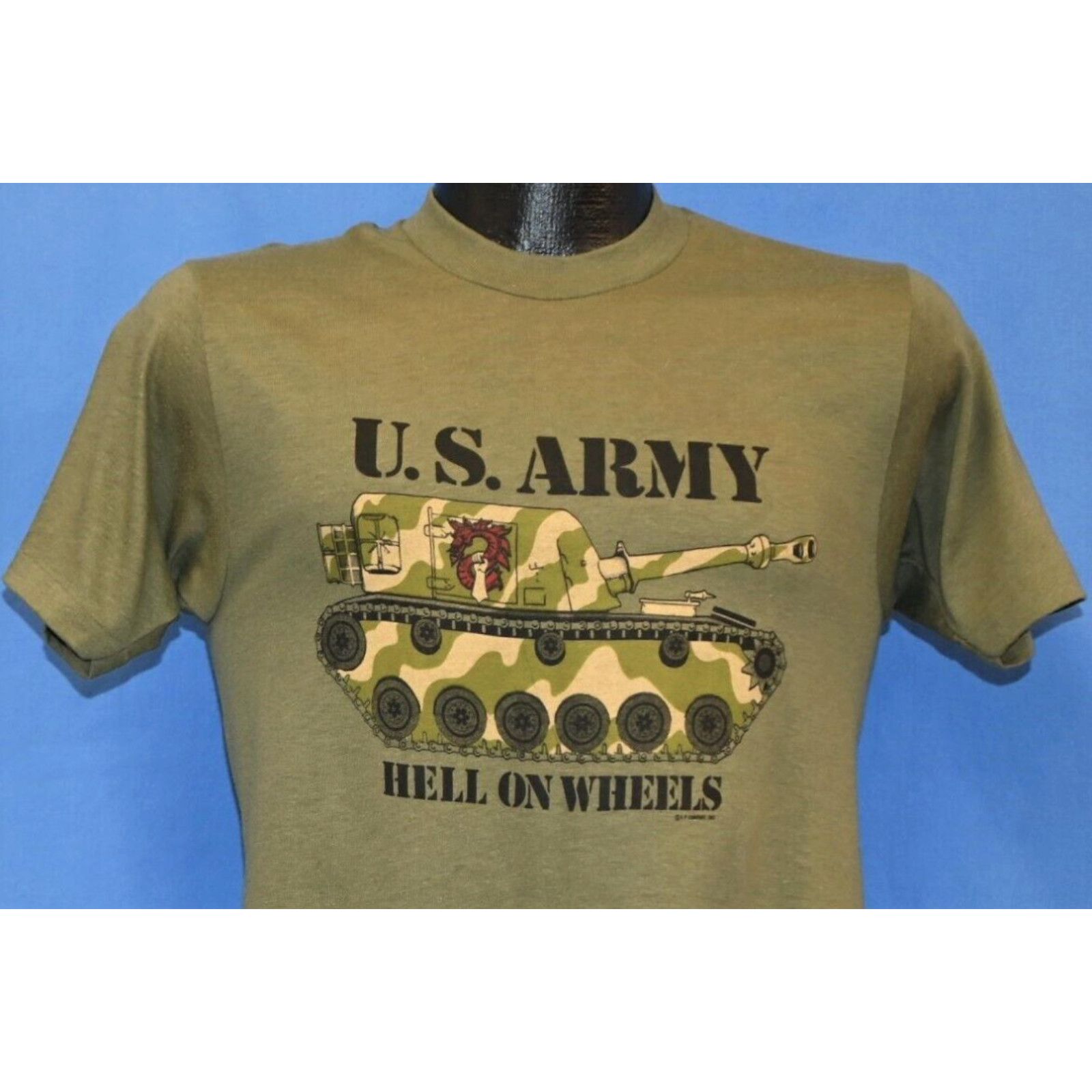 image of Vintage VTG 80's United States Army Green Tank Hell On Wheels Military Camo '82 T-Shirt S in White 