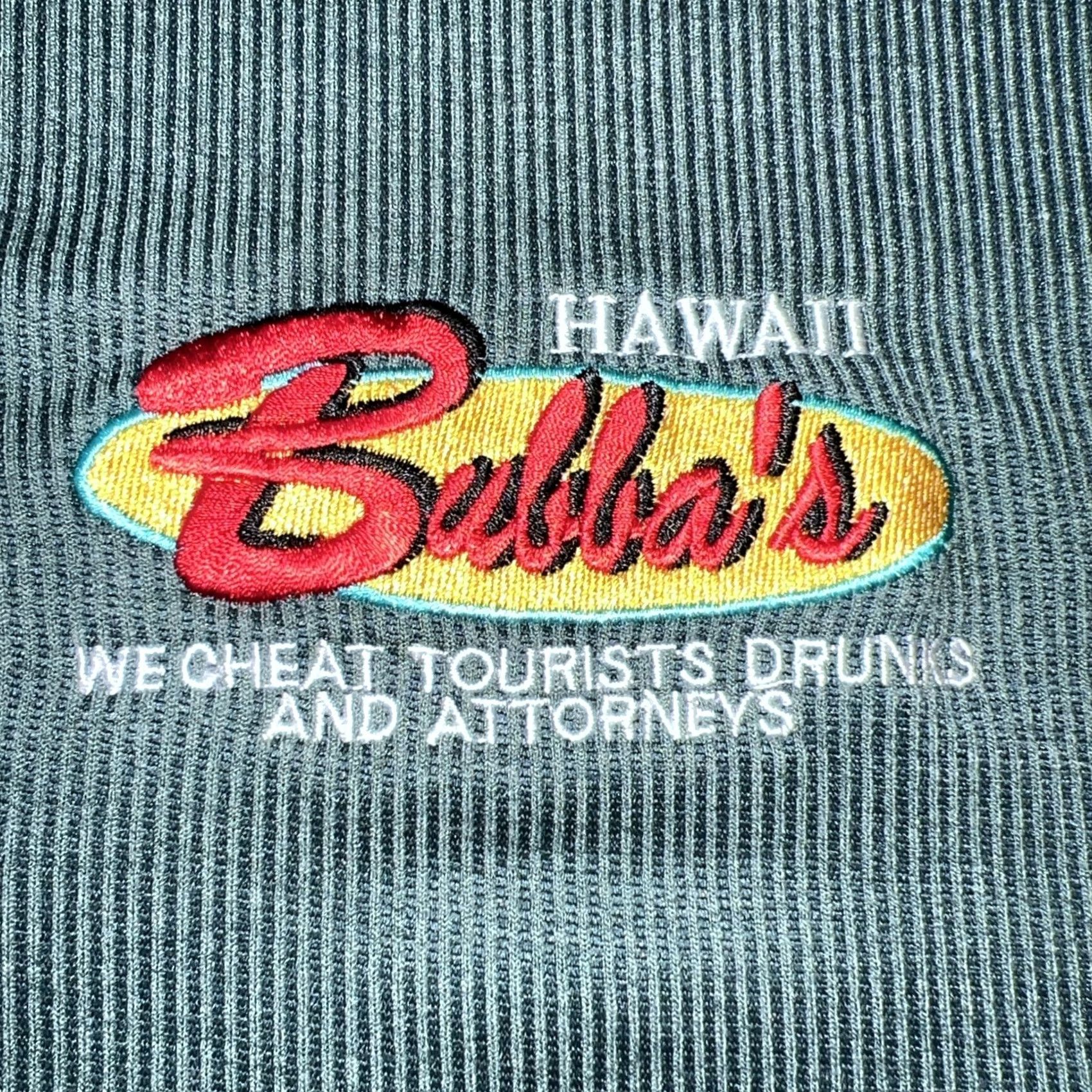 Vintage Bubba’s Hawaii We Cheat Tourists Drunks And Attorneys Henley Shirt Large Green Surfers Logo Graphic Print T-Shirt Men Rock 90s Theme Boys Mens Size US L / EU 52-54 / 3 - 3 Thumbnail