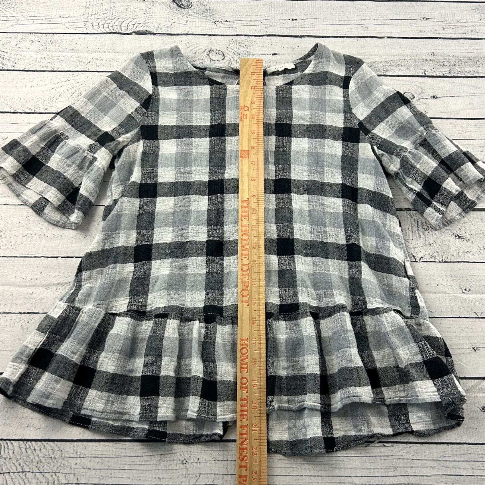 Vintage Pleione Plaid Short Ruffle Sleeve Linen Cotton Top Women's XS Black White Size XS / US 0-2 / IT 36-38 - 3 Thumbnail