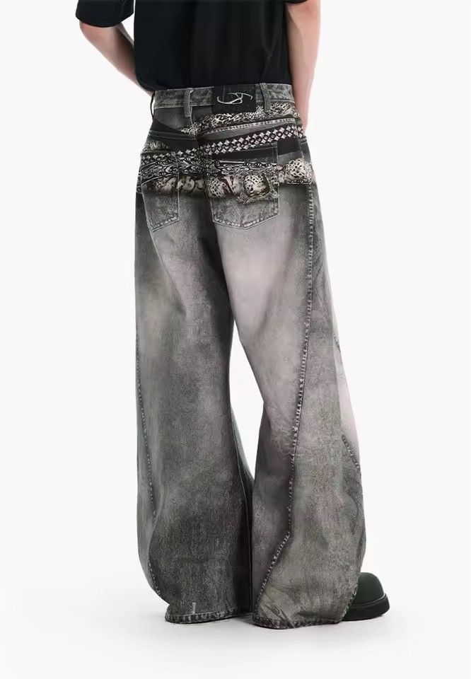 Japanese Brand Mud Wash Wide Leg Denim - Y2K Double Belt Graphic Size US 33 - 2 Thumbnail