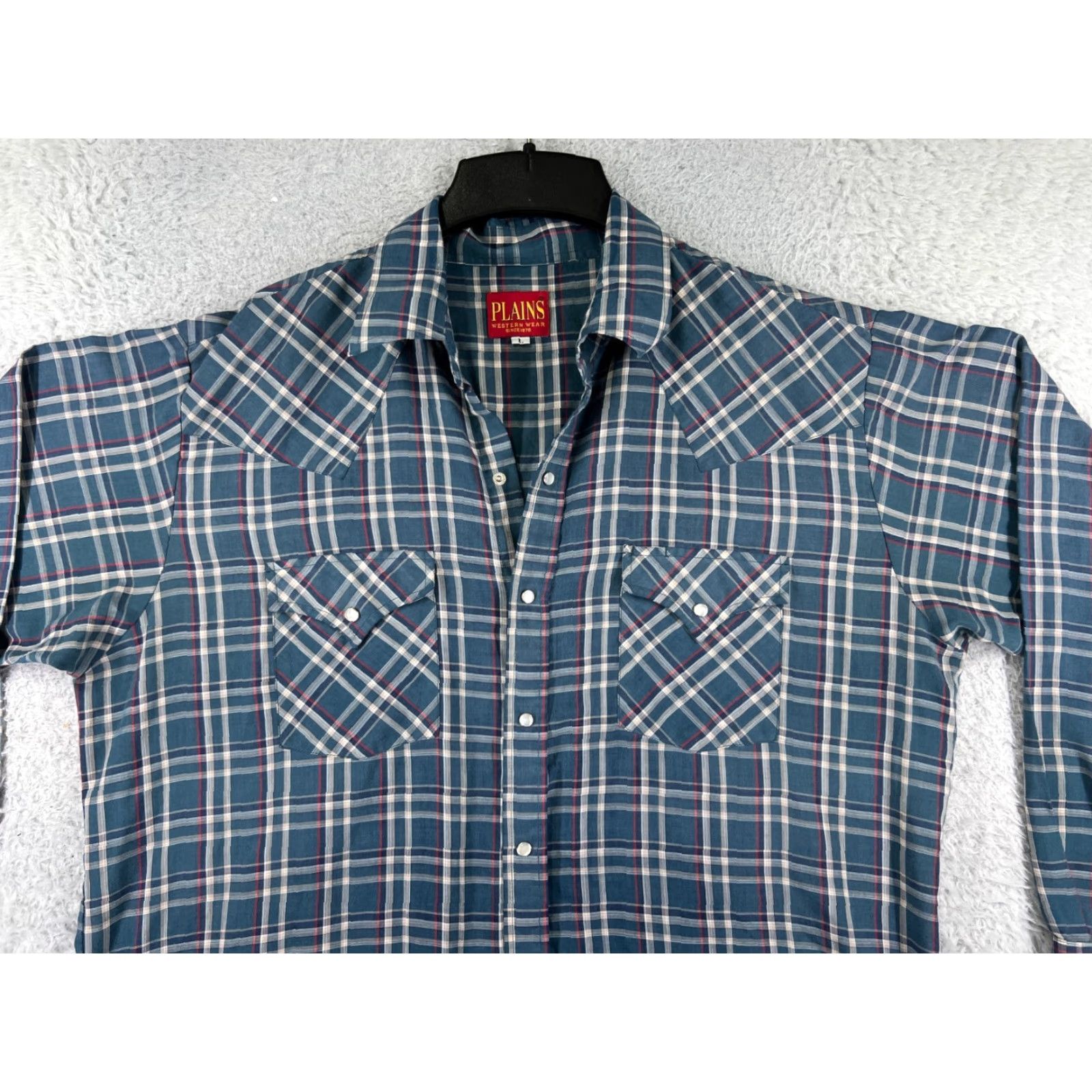 Vintage Plains Shirt Mens Large Blue Beige Plaid Pearl Snap Western Pockets Polyester Size US M / EU 48-50 / 2 - 6 Thumbnail