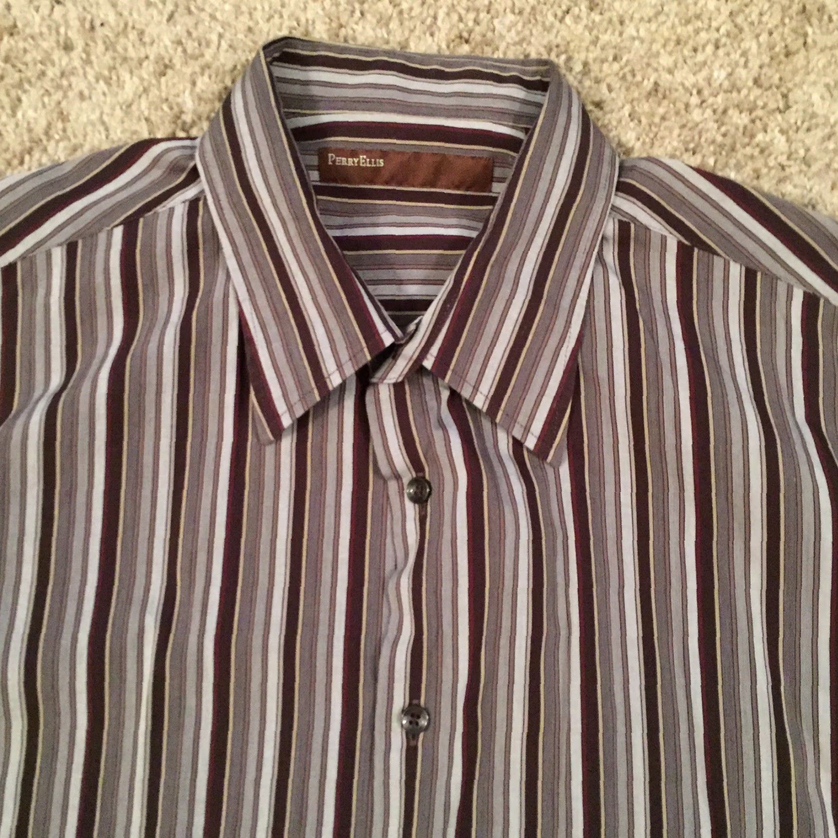 Perry Ellis Perry Ellis Shirt Men XL Brown Striped Long Sleeve Button-Up Regular Cotton Size US XL / EU 56 / 4 - 3 Thumbnail