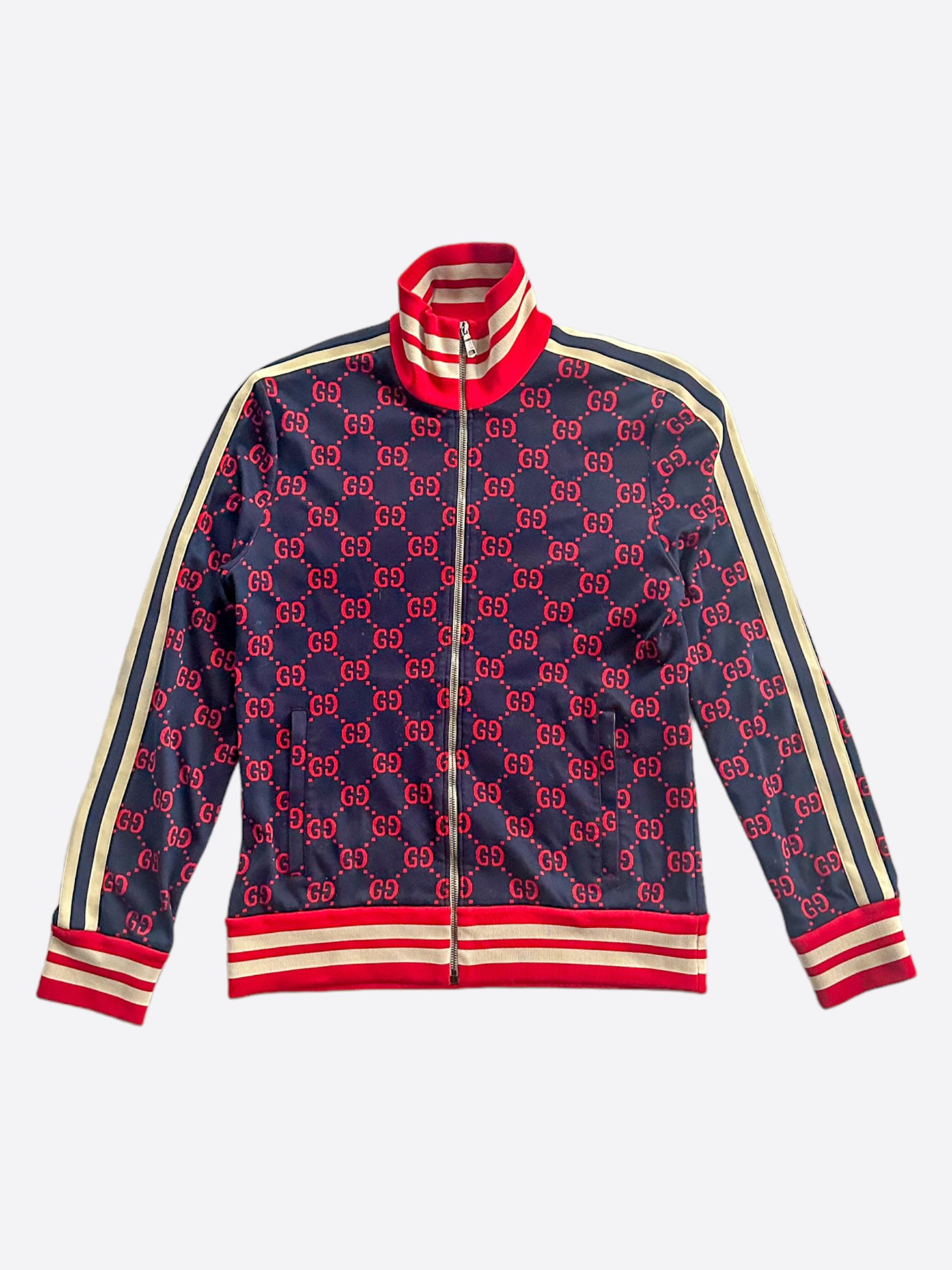 image of Gucci Navy & Red Monogram Jacquard Track Jacket, Men's (Size XL)