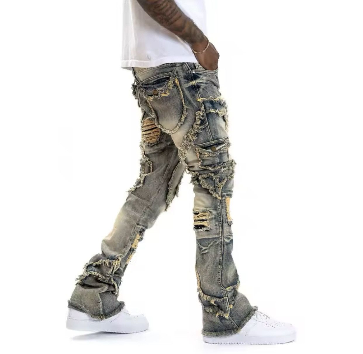 Japanese Brand × Vintage Men Ripped Stacked Jeans Distressed Slim Fit Size US 35 - 2 Thumbnail