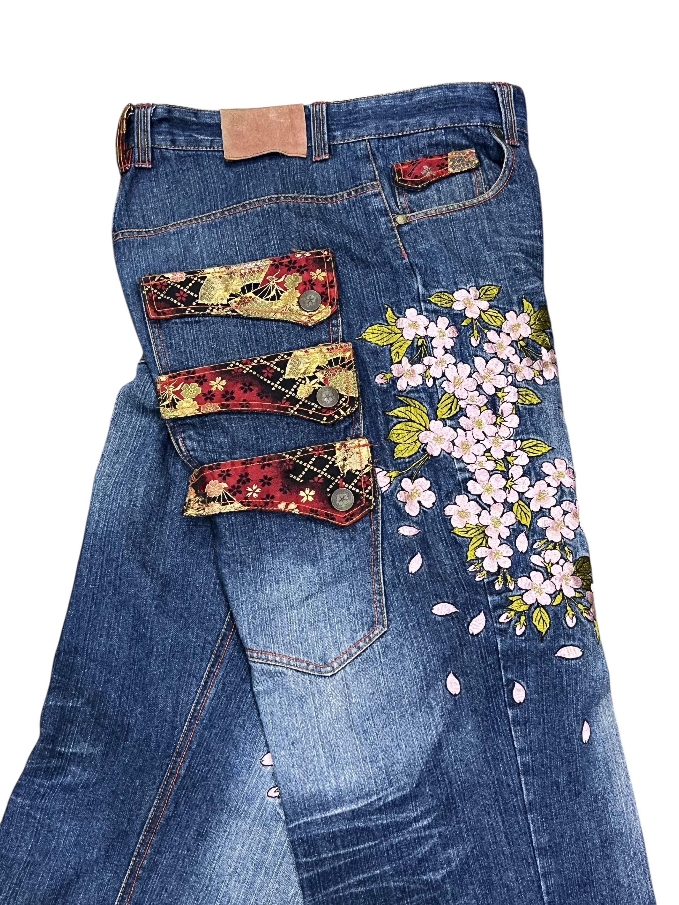 Addict Clothes Japan GEISHA & SAKURA Big Embroidery Baggy Fit Karakuri Denim Jpn Size US 35 - 12 Thumbnail